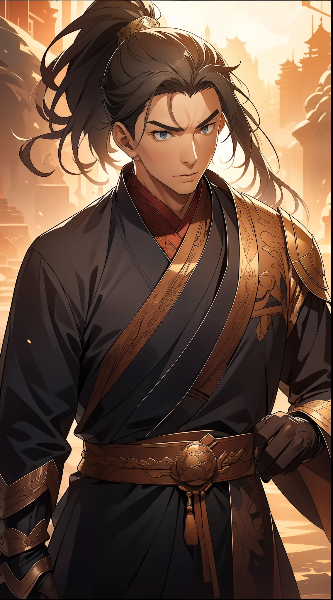 masterpiece, Excellent, daytime, 1 person, Chinese style, ancient China, Huating, eagle, turquoise brown hair, grey-blue eyes, split hair, long hair, long bangs, high ponytail, Handsome, Handsome, Serious, Moderate, High, quiet, dark clothes, gray blue clothes, Dark blue clothes, prince, sword, look down