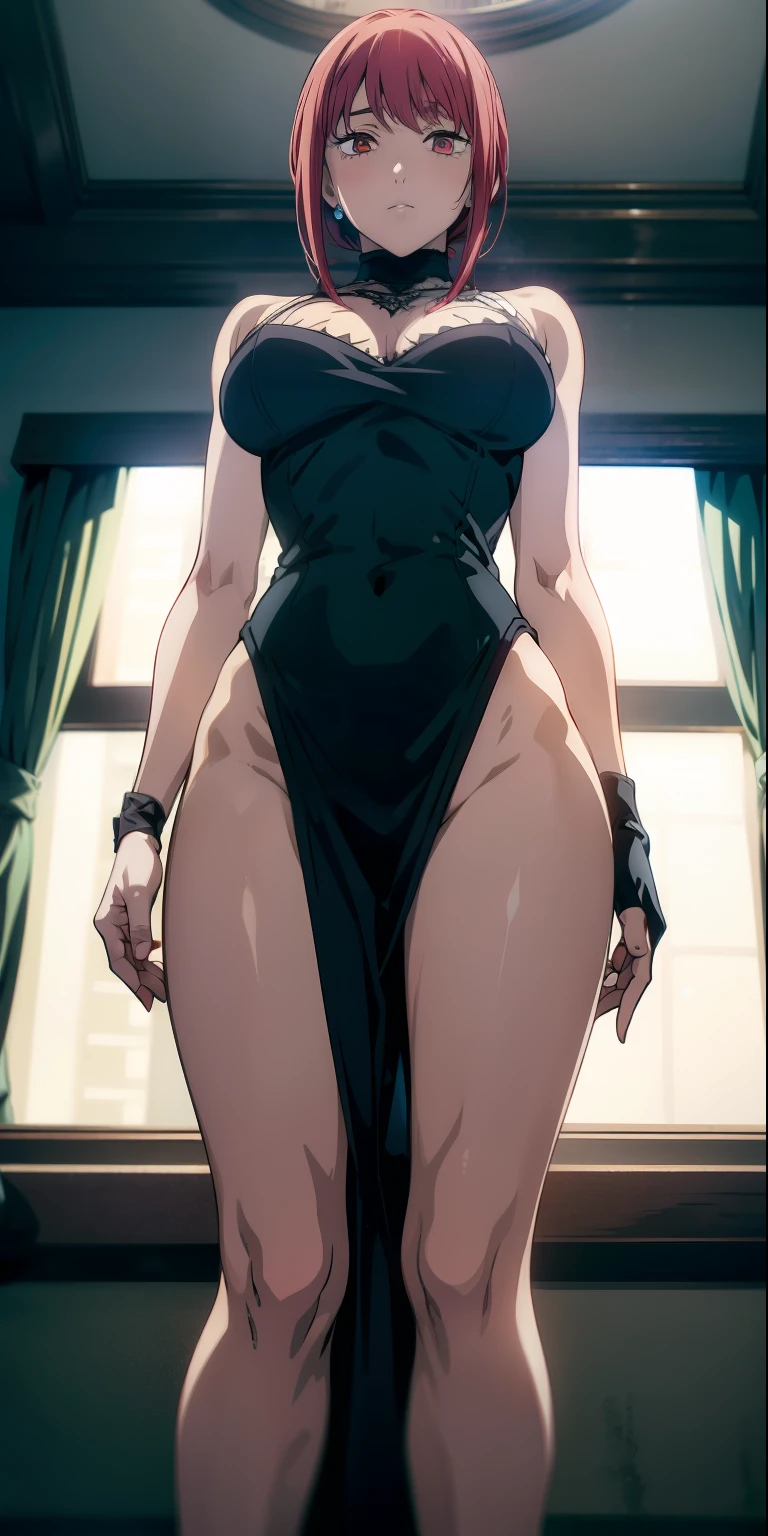 , (masterpiece), (best quality), (ultra-detailed), (extremely detailed cg), (a extremely delicate), (perfect lighting), (8k), (dynamic angle), (sharp image), vibrant colors, female, masterpiece, best quality, depth of field, cinematic lighting, masterpiece, best quality, ultra-detailed, colorful, vibrant, large breasts, thighs, mature female, solo, (masterpiece, best quality, high resolution, animescreencap, anime colored,), (perfect anatomy, beautiful detailed eyes, beautiful detailed body, beautiful breast, shiny skin), a sexy mature anime lady standing wearing formal dress, black formal dress (( single split legs)), bare shoulders,cleavage,white opera gloves, looking at viewer, side bangs, red hair, ringed eyes, loose braid, side bangs, medium breasts, medium chest, indoors , red carpet setting,make up, earrings, shiny legs, ((single bare legs)), from below, shy, embarrassed, blushing,