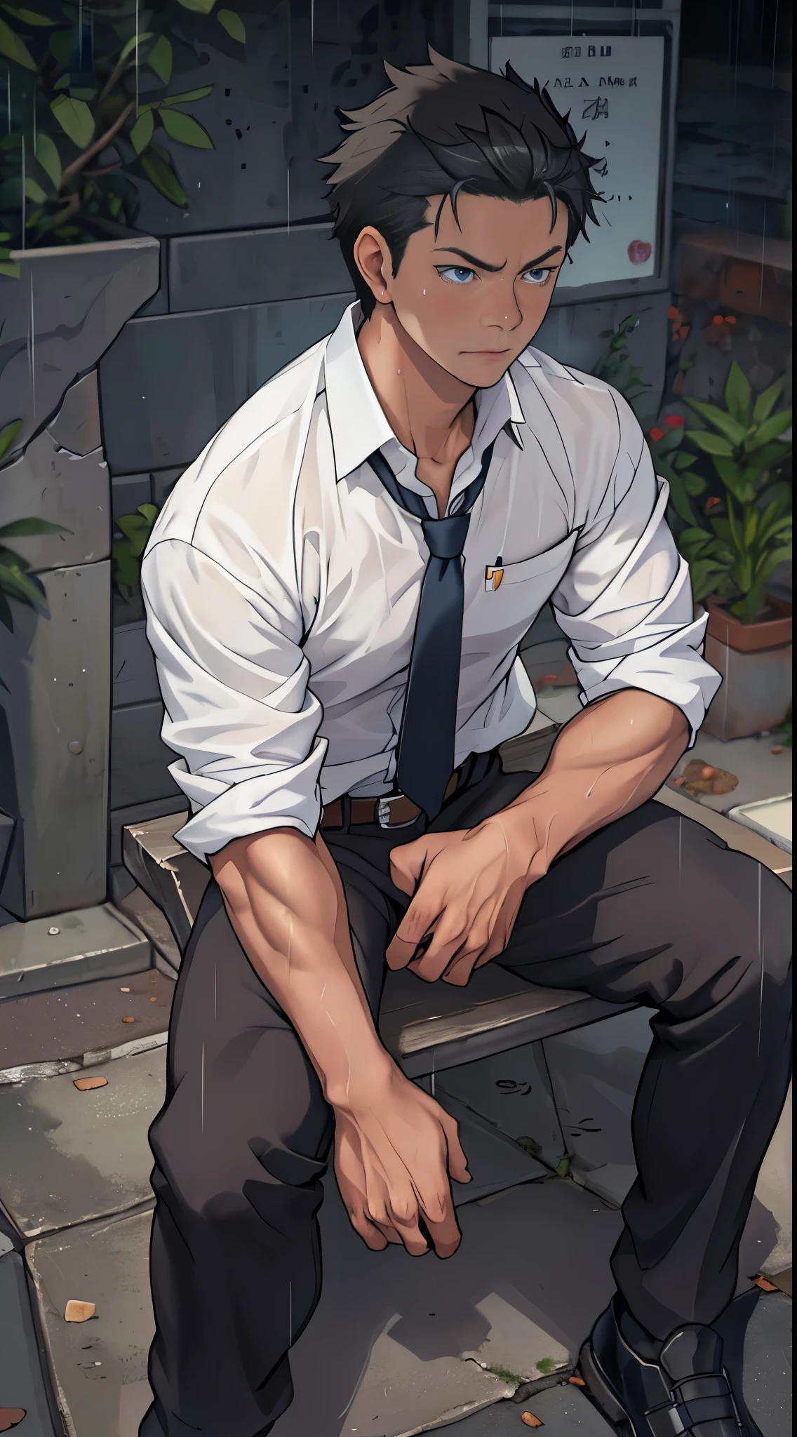 (1 adult male),high resolution, sharp focus, Pixiv masterpiece, ((intricate details)), Very detailed, Natsuki_Subaru, 1 person,sit astride,Close-up of the crotch,crotch view, lazy,Full body female love, blue eyes(eyes glow), short hair,White shirt,wear a tie,wear a belt,breath through,rain,Soaked,Sweating in the crotch,looking from bottom to top