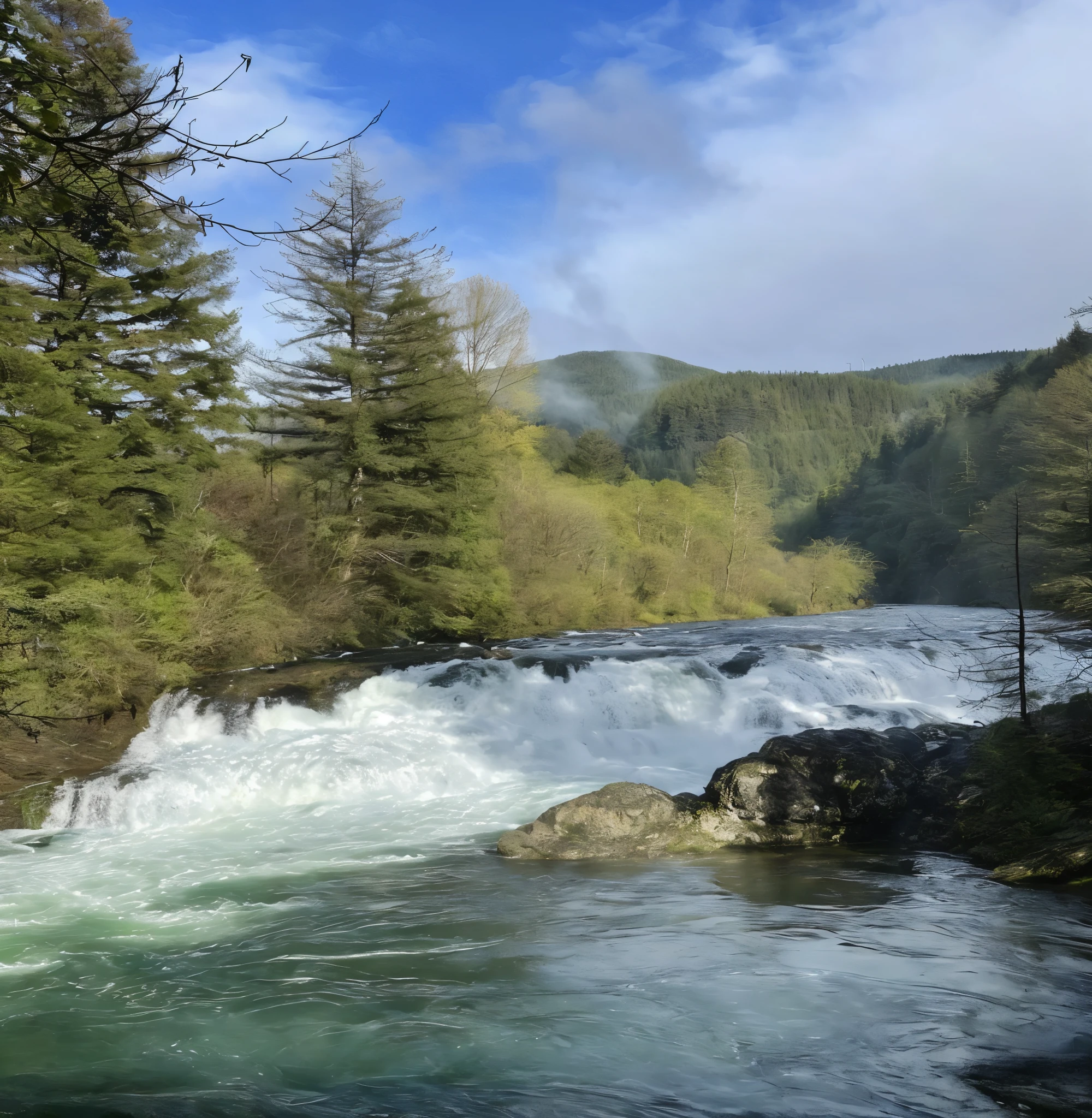 there is a river with a waterfall in the middle of it, waterfalls in the background, waterfall in background, waterfall in the background, a river flowing with waterfall, with waterfalls and river, forest and waterfall, next to a waterfall, waterfall in distance, with trees and waterfalls, the river is flowing its way, with waterfalls, waterfalls in distance