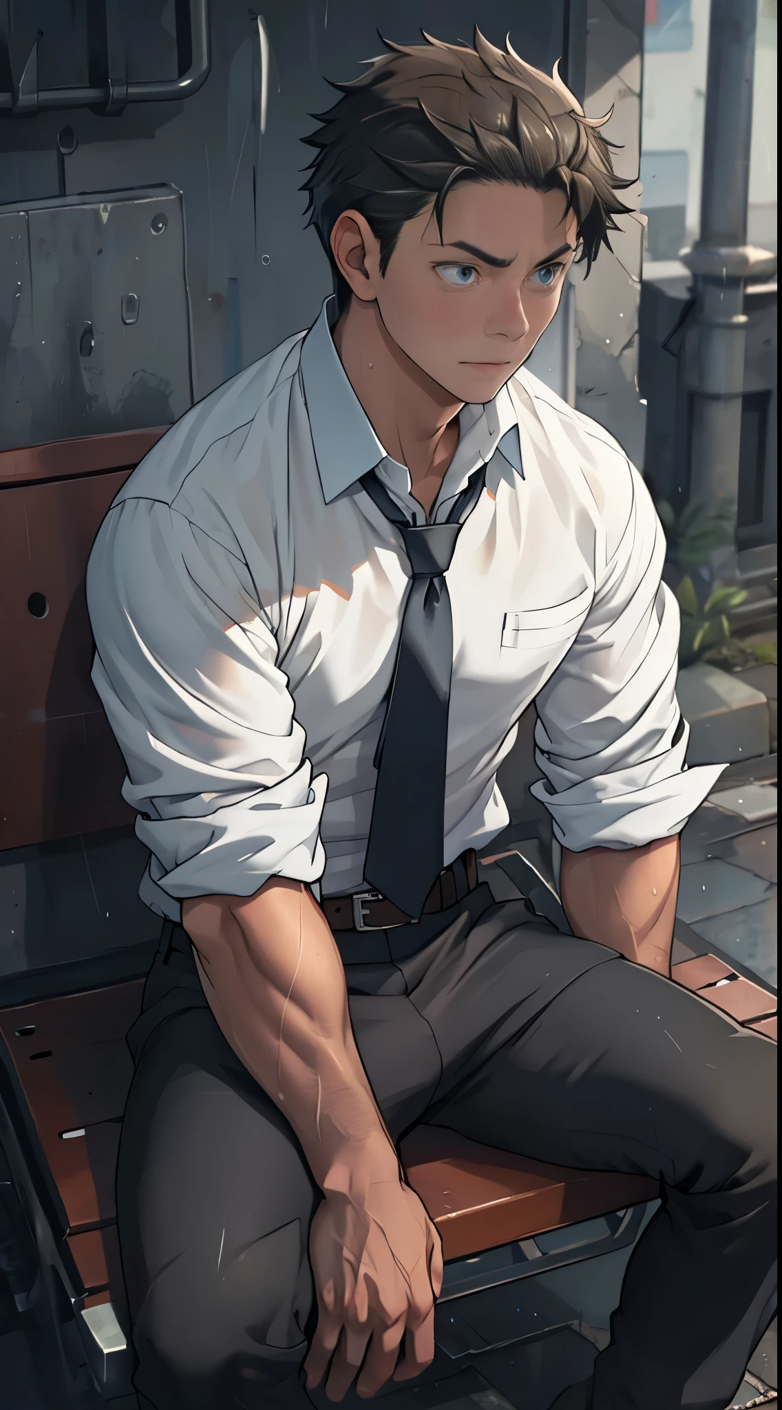 (1 adult male),high resolution, sharp focus, Pixiv masterpiece, ((intricate details)), Very detailed, Natsuki_Subaru, 1 person,sit astride,Close-up of the crotch,crotch view, lazy,Full body female love, blue eyes(eyes glow), short hair,White shirt,wear a tie,wear a belt,breath through,rain,Soaked,Sweating in the crotch,looking from bottom to top