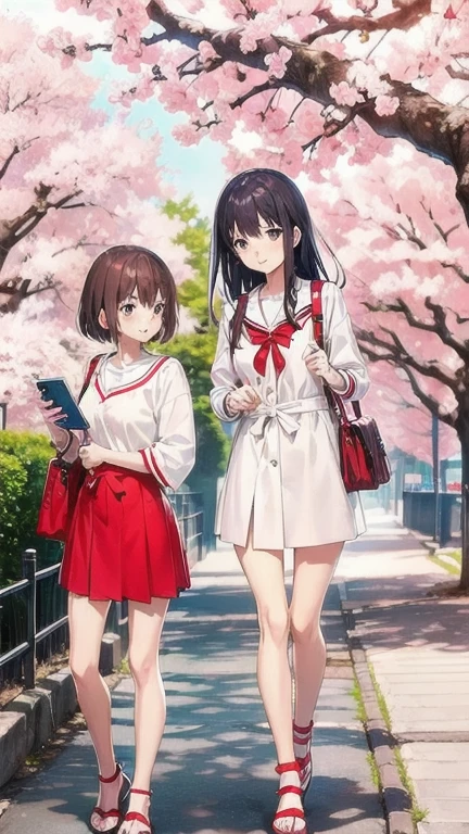 Anime girl in school uniform walking on the sidewalk with cherry blossom trees, Animation by Jin Homura, Hot topics on pixiv, serial art, official artwork, Official Anime Artwork, Anime cute art style, high detailed official artwork, visual novel main vision, High quality anime art style, anime style. 8k, Beautiful anime art style, anime style 4