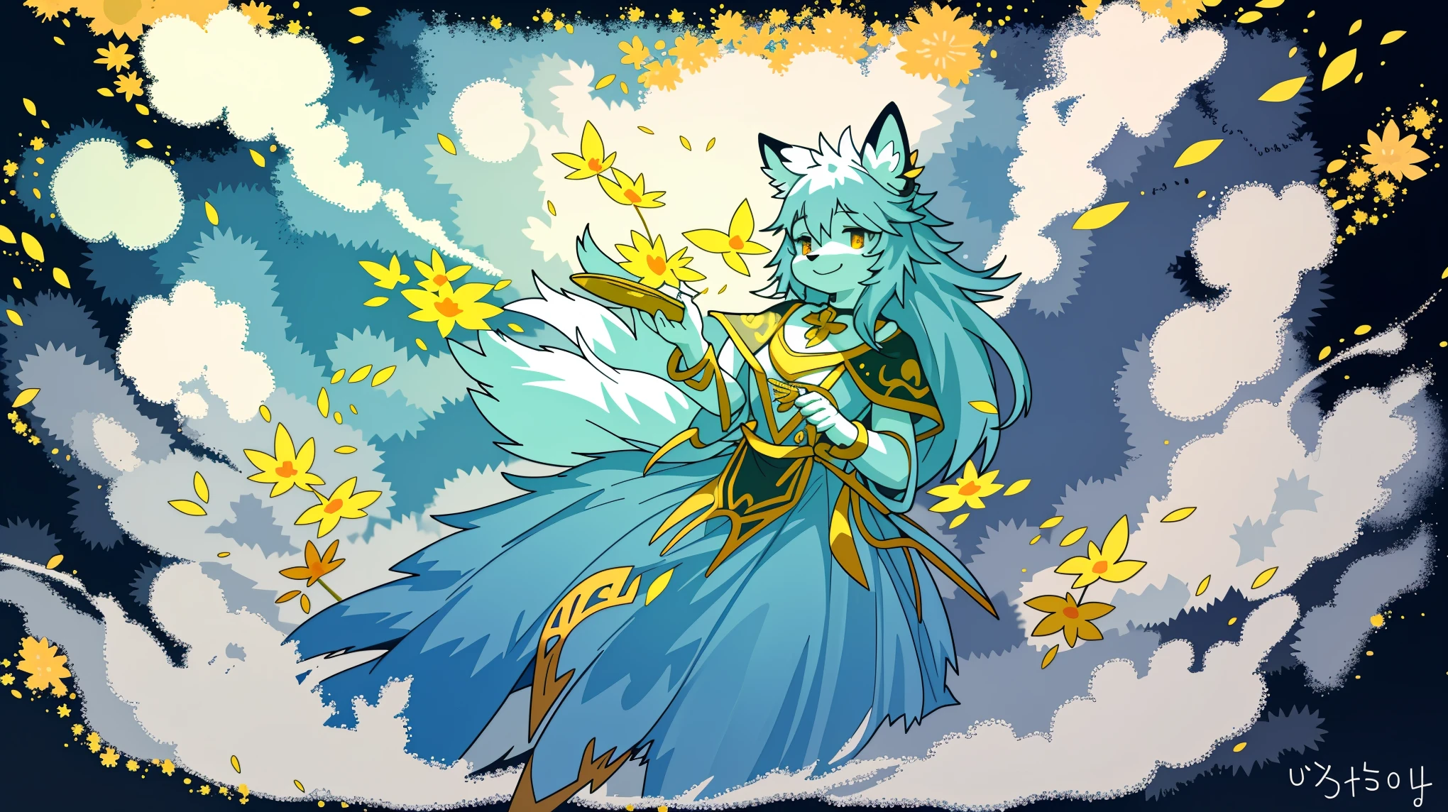 monochrome, watercolor, highres, top quality, best quality, paid reward available, High-quality illustrations, unparalleled masterpiece, perfect artwork, absurdres, 1girl, kemono, furry, detailed body fur, animal face, animal hand, Archaic Smile, holding a cluster of gold flower in both hands, which are positioned at chest level, She is wearing a simple ring on the ring finger of her left hand, unfocused spread of gold flower, fan-created work shared on platforms Pixiv or Twitter, Watercolor elements that seem to shift through time,