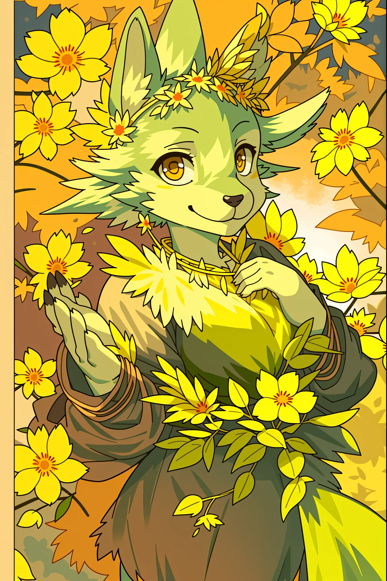 monochrome, watercolor, highres, top quality, best quality, paid reward available, High-quality illustrations, unparalleled masterpiece, perfect artwork, absurdres, 1girl, kemono, furry, detailed body fur, animal face, animal hand, Archaic Smile, holding a cluster of gold flower in both hands, which are positioned at chest level, She is wearing a simple ring on the ring finger of her left hand, unfocused spread of gold flower, fan-created work shared on platforms Pixiv or Twitter, Watercolor elements that seem to shift through time,