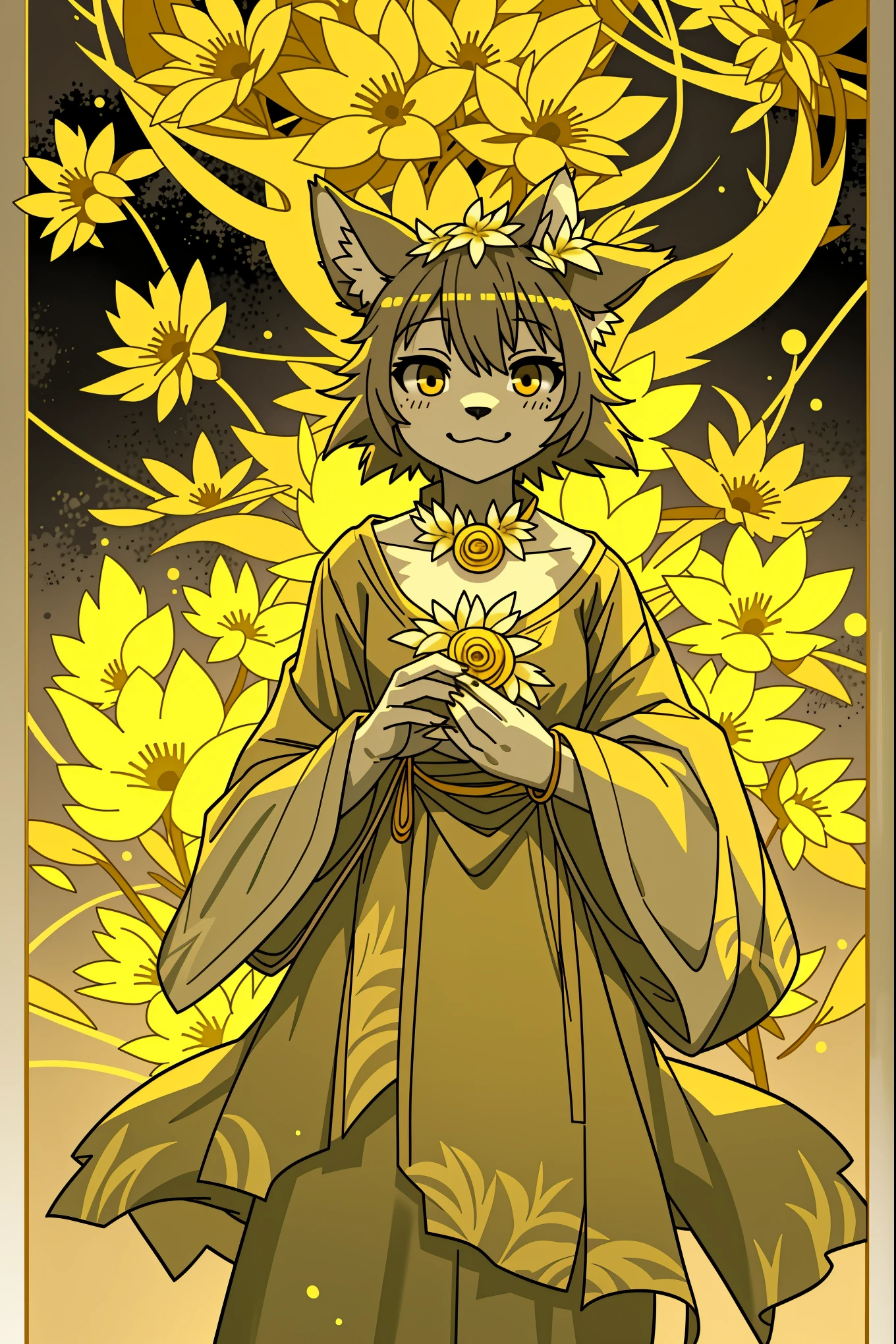 monochrome, watercolor, highres, top quality, best quality, paid reward available, High-quality illustrations, unparalleled masterpiece, perfect artwork, absurdres, 1girl, kemono, furry, detailed body fur, animal face, animal hand, Archaic Smile, holding a cluster of gold flower in both hands, which are positioned at chest level, She is wearing a simple ring on the ring finger of her left hand, unfocused spread of gold flower, fan-created work shared on platforms Pixiv or Twitter, Watercolor elements that seem to shift through time,