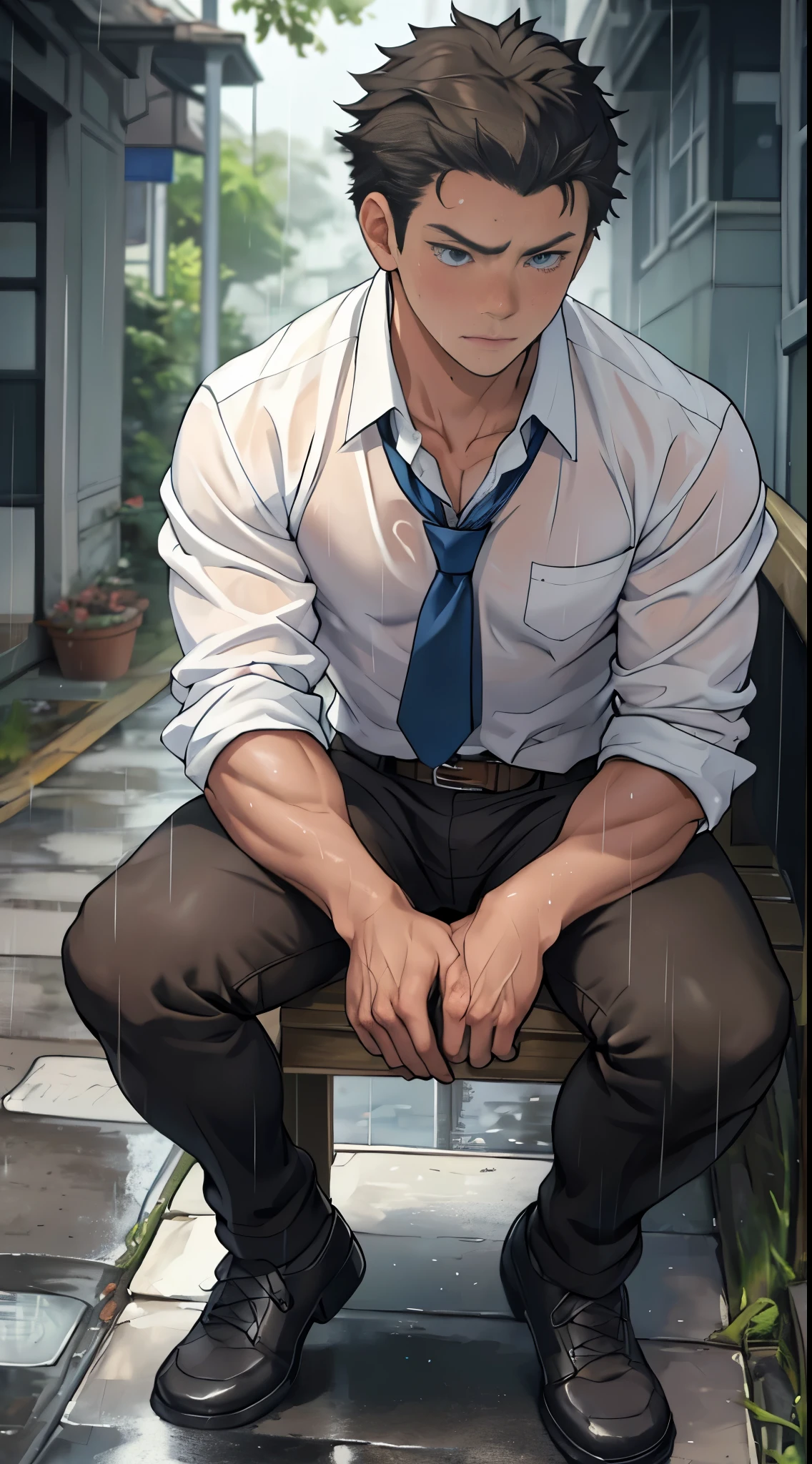 (1 adult male),high resolution, sharp focus, Pixiv masterpiece, ((intricate details)), Very detailed, Natsuki_Subaru, 1 person,sit astride,Close-up of the crotch,crotch view, lazy,Full body female love, blue eyes(eyes glow), short hair,White shirt,wear a tie,wear a belt,breath through,rain,Soaked,Sweating in the crotch,looking from bottom to top