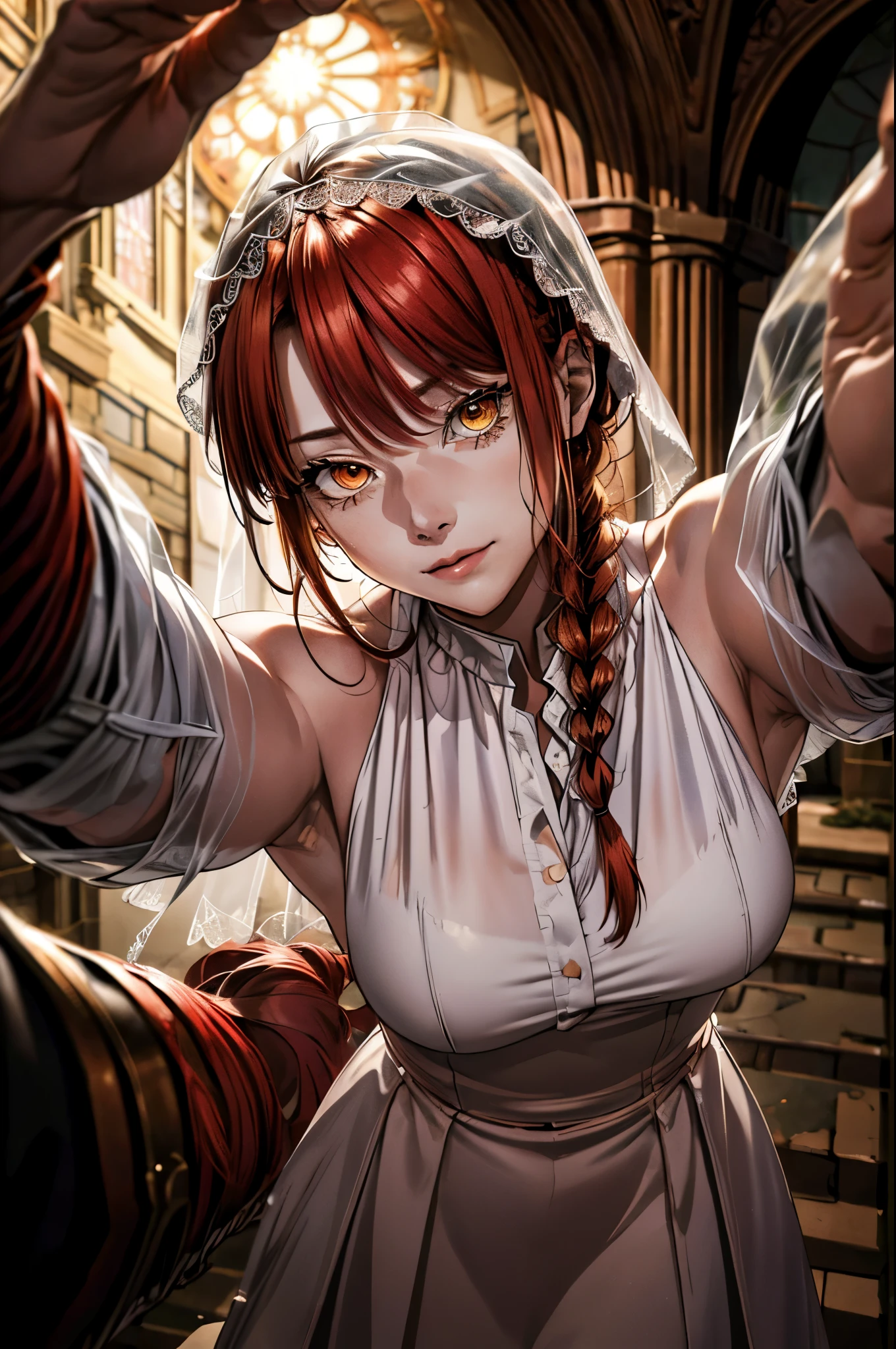 Makima \(chainsaw man\), (masterpiece:1.2), (best quality:1.2), perfect eyes (red hair)+(hairlong, Braided in one braid)+(Bangs), (Spiral golden eyes), cunning, villain, at wedding, husband's pov, classic wedding dress, Enigmatic smile, veil, cathedral, tense atmosphere, (((Image Macro Details))), Best Quality, Depth of field, 8K UHD, Film grain