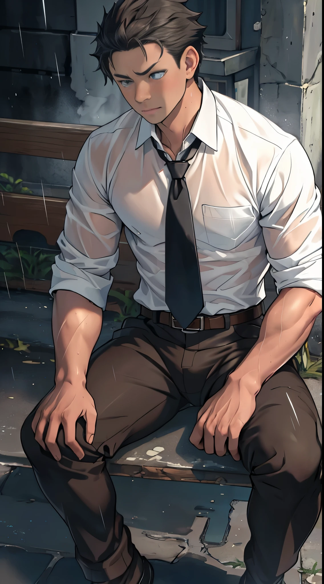 （1 adult male），high resolution， sharp focus， Pixiv masterpiece， （（intricate details））， Very detailed， Natsuki_Subaru， 1 person，sit astride，Close-up of the crotch，crotch view， lazy，Full body female love， blue eyes（eyes glow）， short hair，White shirt，wear a tie，wear a belt，breath through，rain，Soaked，Sweating in the crotch，looking from bottom to top