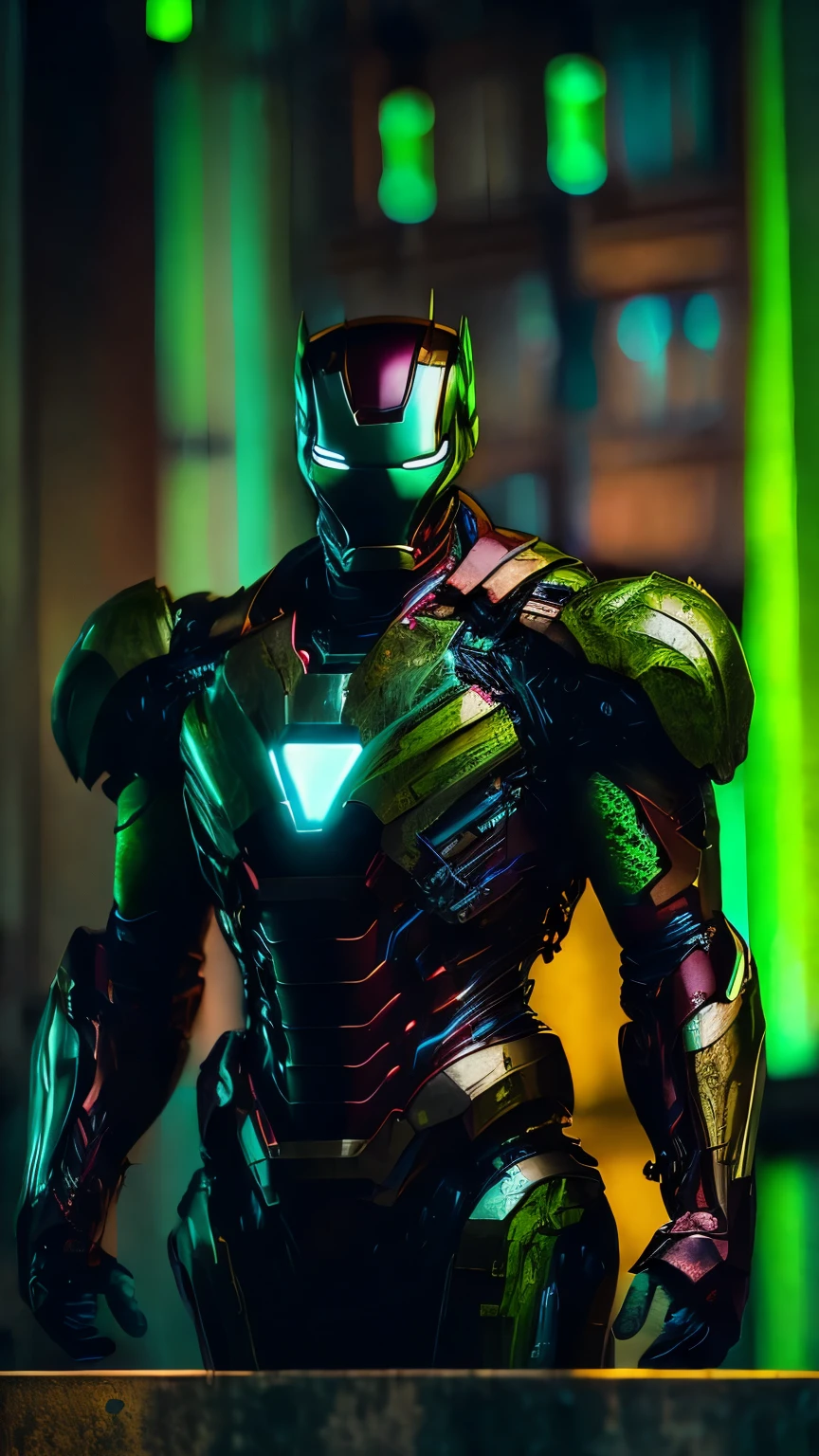 a dark portrait of Carnage Iron Man from Marvel, with complicated angular cybernetic implants in a brutalist building, eine gotische brutalistische Kathedrale, cyberpunk, award-winning photos, bokeh, Neonlichter, kybernetisches Glied, the suit only has the colors green yellow blue white
