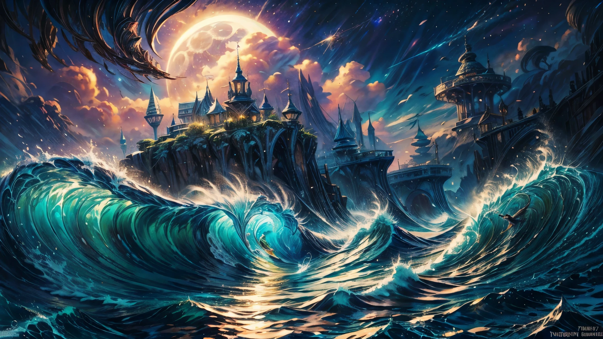 "(best quality,high-res,masterpiece:1.2),vibrant ocean waves,rippling water,crashing surf,detailed foam and spray,serene beach, golden sand,clear blue sky,sunlight streaming through the waves,glistening reflections on the water,mesmerizing movement of the waves,translucent and transparent,turquoise and aquamarine hues,seagulls soaring overhead,gentle breeze rustling palm trees,romantic sunset over the horizon"