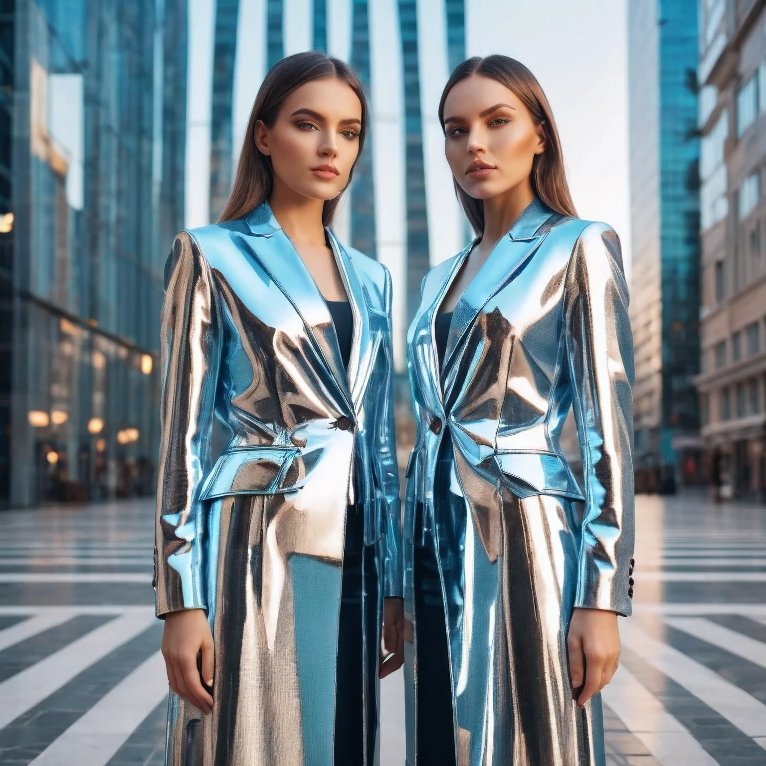 Realistic photo, two twins woman, standig together in symmetrical pose, full shot, beutiful, twins, symmereical faces, Imersive symmetrical background of City, wearing identical clothes, they look kije mirror reflection, whole photo is symmetrical, raw photo, depth of field, 8k