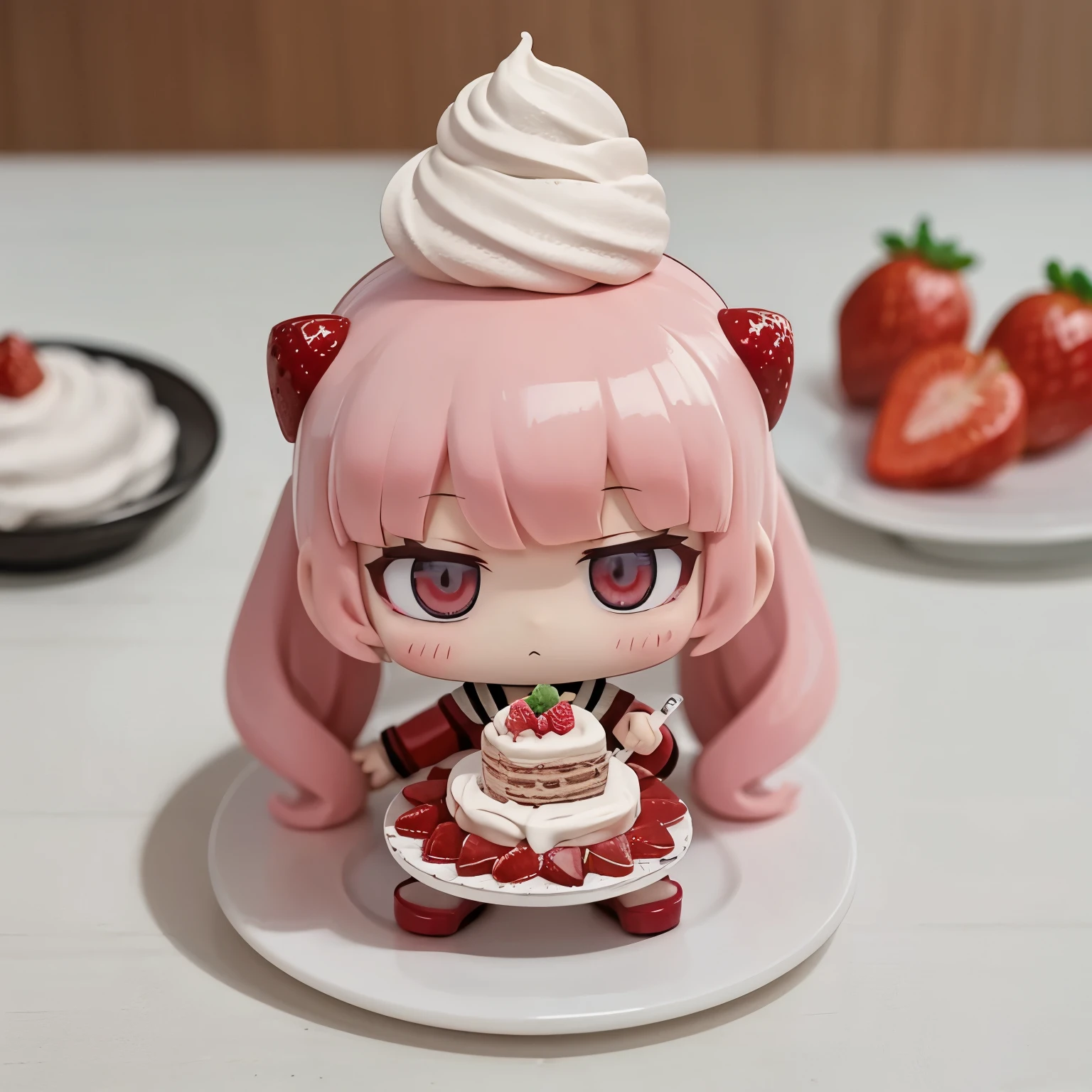 Photoreal、anime character（chibi girl、The lines are thick、Deformed）There is a whole cake with a picture of、strawberry、Whipped cream