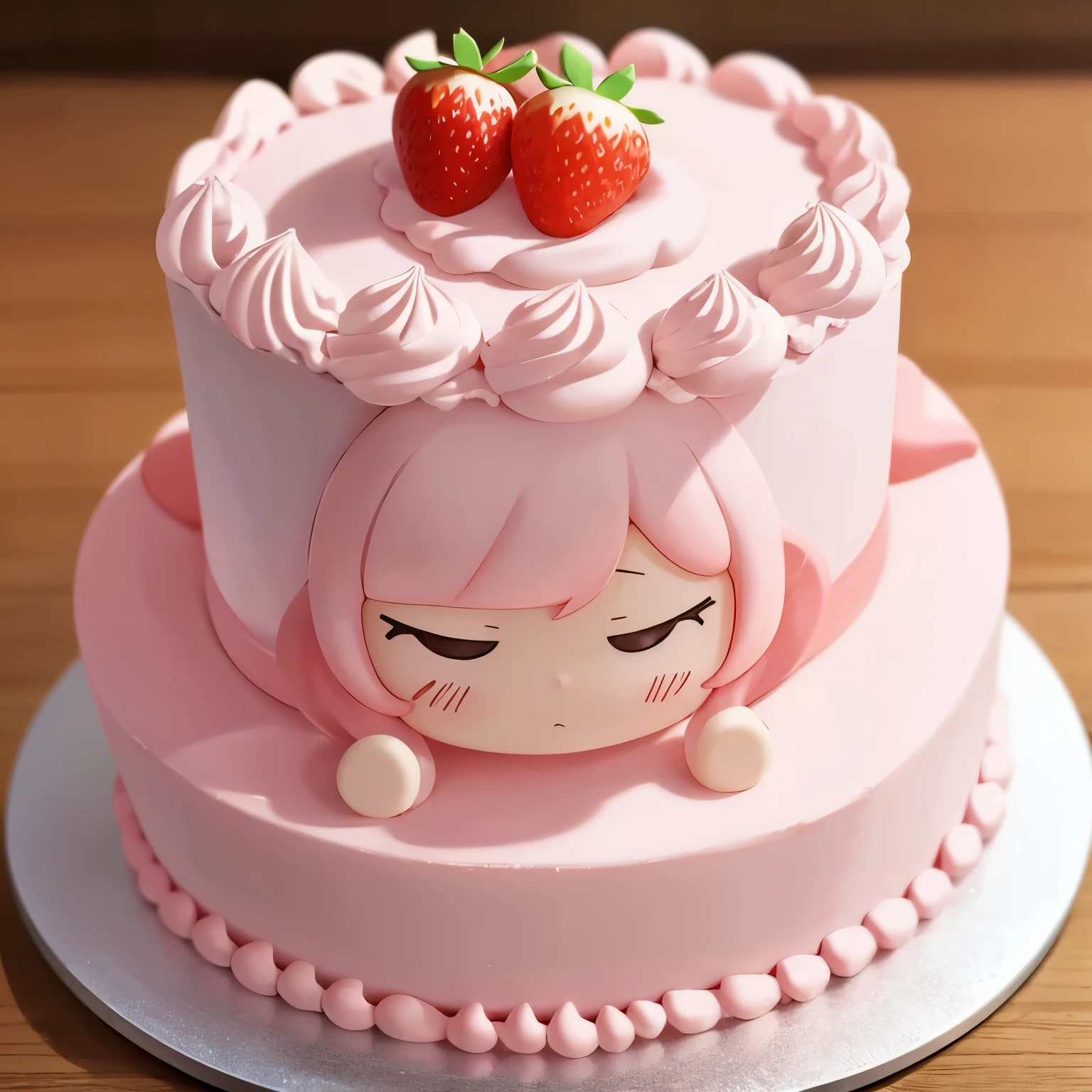 Photoreal、anime character(chibi girl、The lines are thick、Deformed)There is a whole cake with a picture of、strawberry、Whipped cream