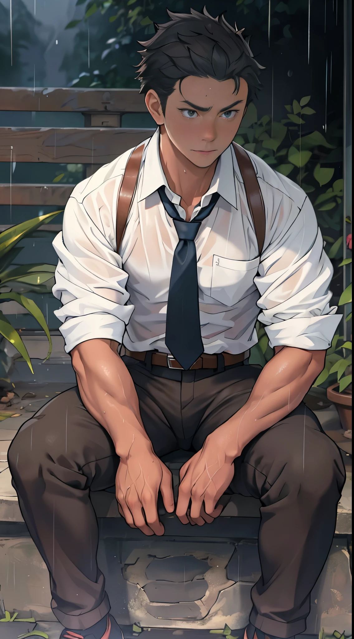 (1 Adult male),A high resolution, Sharp focus, Pixiv masterpiece, ((Complicated details)), highly detailed, natsuki_subaru, 1 man,Lying in the mud, Lazy,full bodyesbian, blue color eyes(eyes glowing), Short yellow hair,white shirt,Wear a tie,Wear a belt,perspire,rain,Drenched,Sweaty crotch,look from down