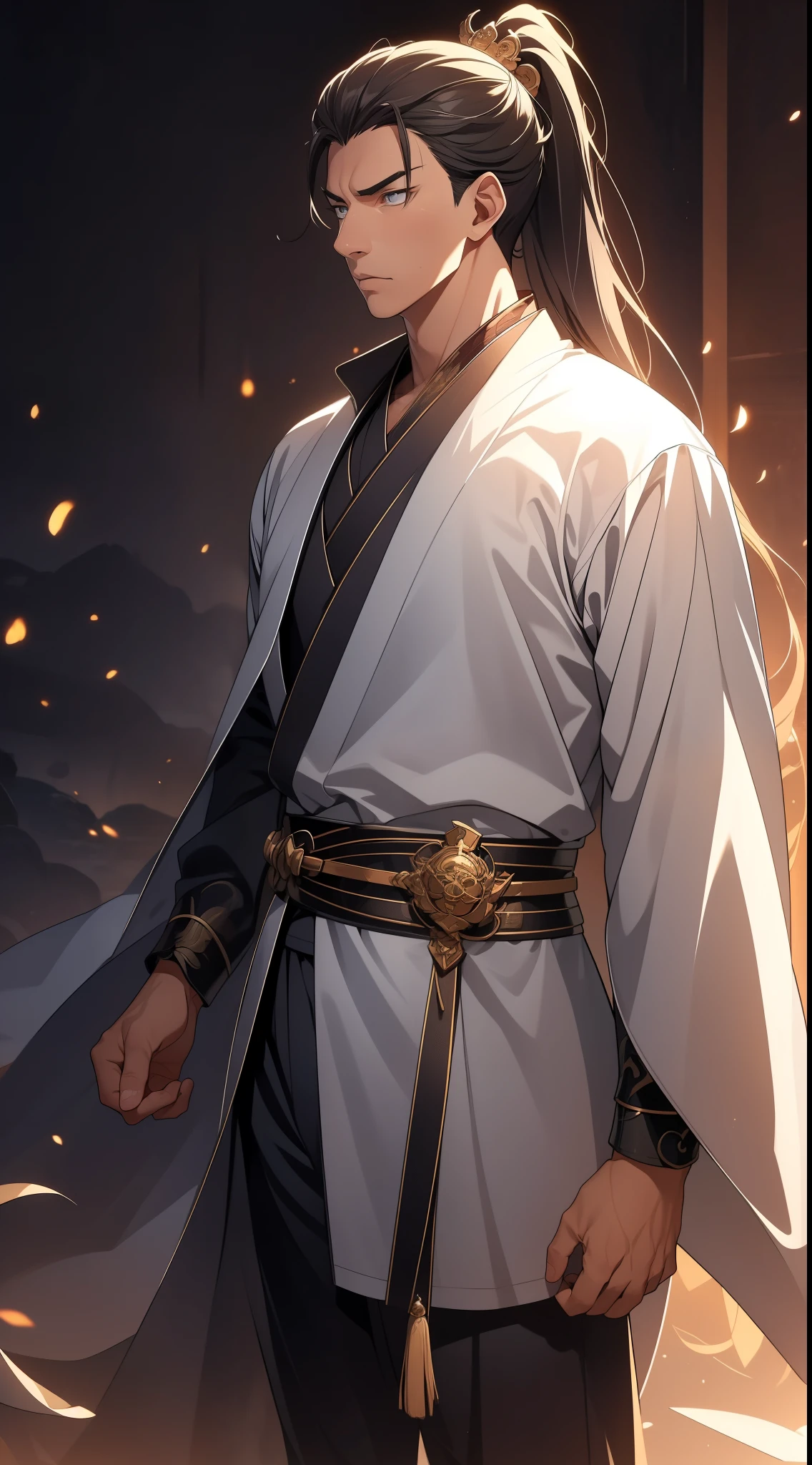 masterpiece, Excellent, daytime, 1 person, Chinese style, ancient China, Huating, eagle, turquoise brown hair, grey-blue eyes, split hair, long hair, long bangs, high ponytail, Handsome, Handsome, Serious, Moderate, High, quiet, dark clothes, gray blue clothes, Dark blue clothes, prince, sword, look down