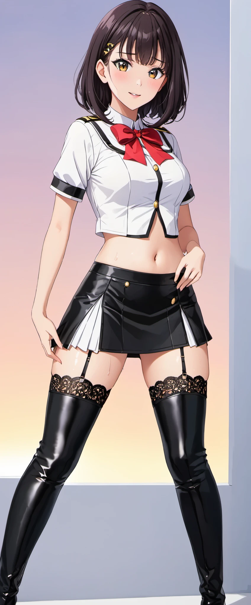 High resolution, adult woman , good lighting, despicable, , (No nudity), (((Shiny navel-baring lace queen uniform))), (()), (((leather thigh high boots))), (garter belt), abdomen only, (wet shorts),  ,  cute face, I&#39;m embarrassed and blush, humiliating, ((turn around and look back)), ((mini skirt))(race track)(T-back)