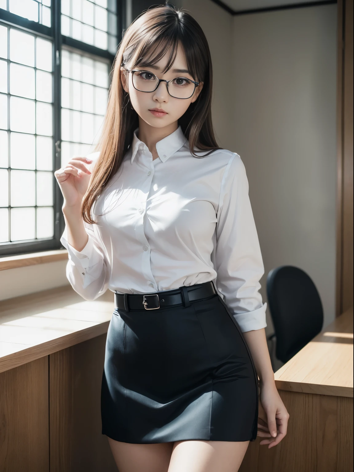 alone、solo、OL in her 20s in office uniform posing for a photo、victory、Tsundere、Single knot、OL、suit、blue mini skirt、anger、small、Glasses、slim girl model photo、physical:the smallest middle-aged man in history、female model、Japanese female fashion model、(8k、RAW photo、highest quality、masterpiece:1.2)、(real、photorealistic:1.37)、Super detailed、Ultra high definition、office Street、 standing position、whole body、((((SEXY)))