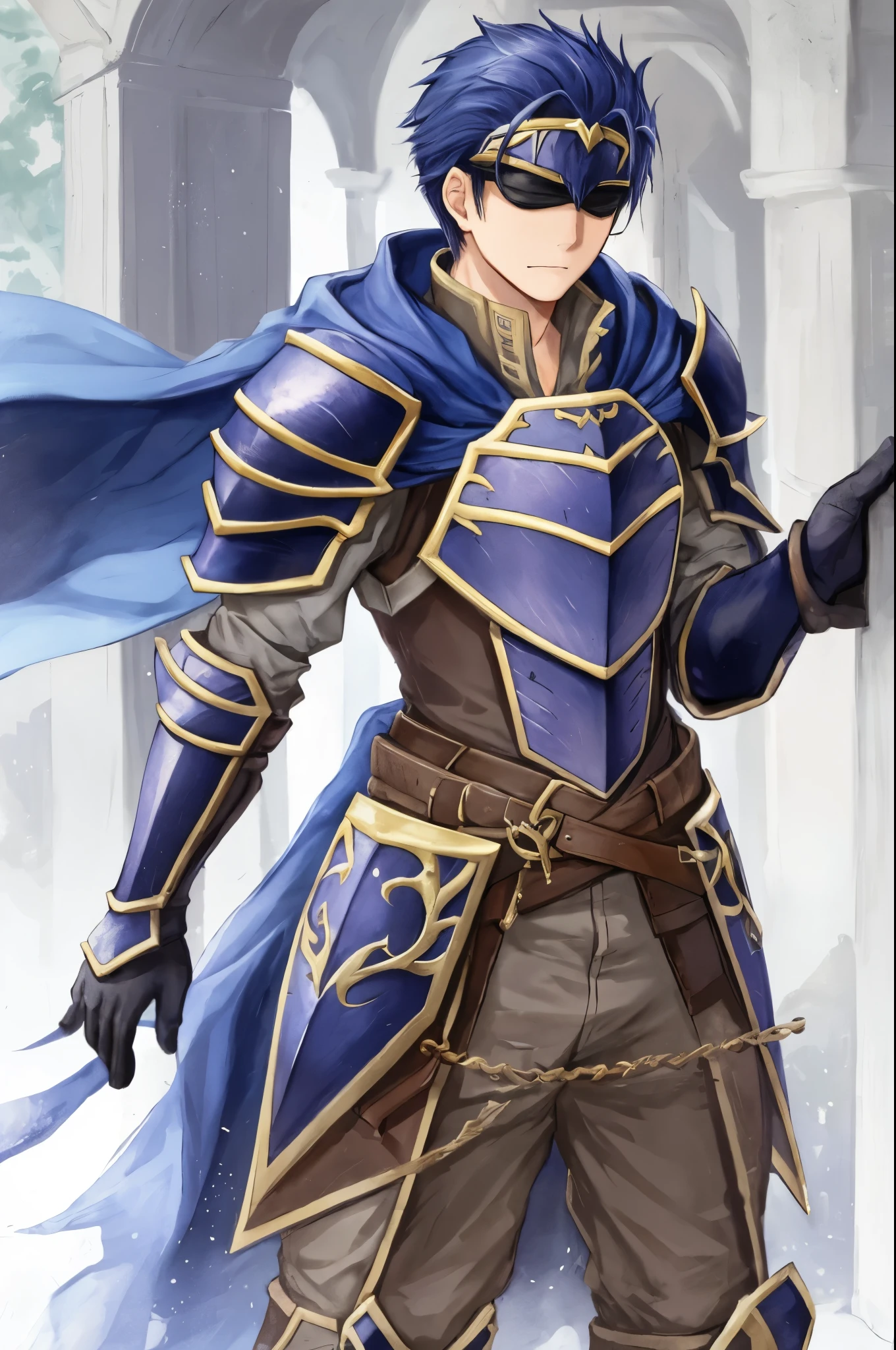 Hector Fey, solo, looking at the viewer, smiles, glove, 1boy, Male focus, cloak, armour, Shoulder armor, from below
