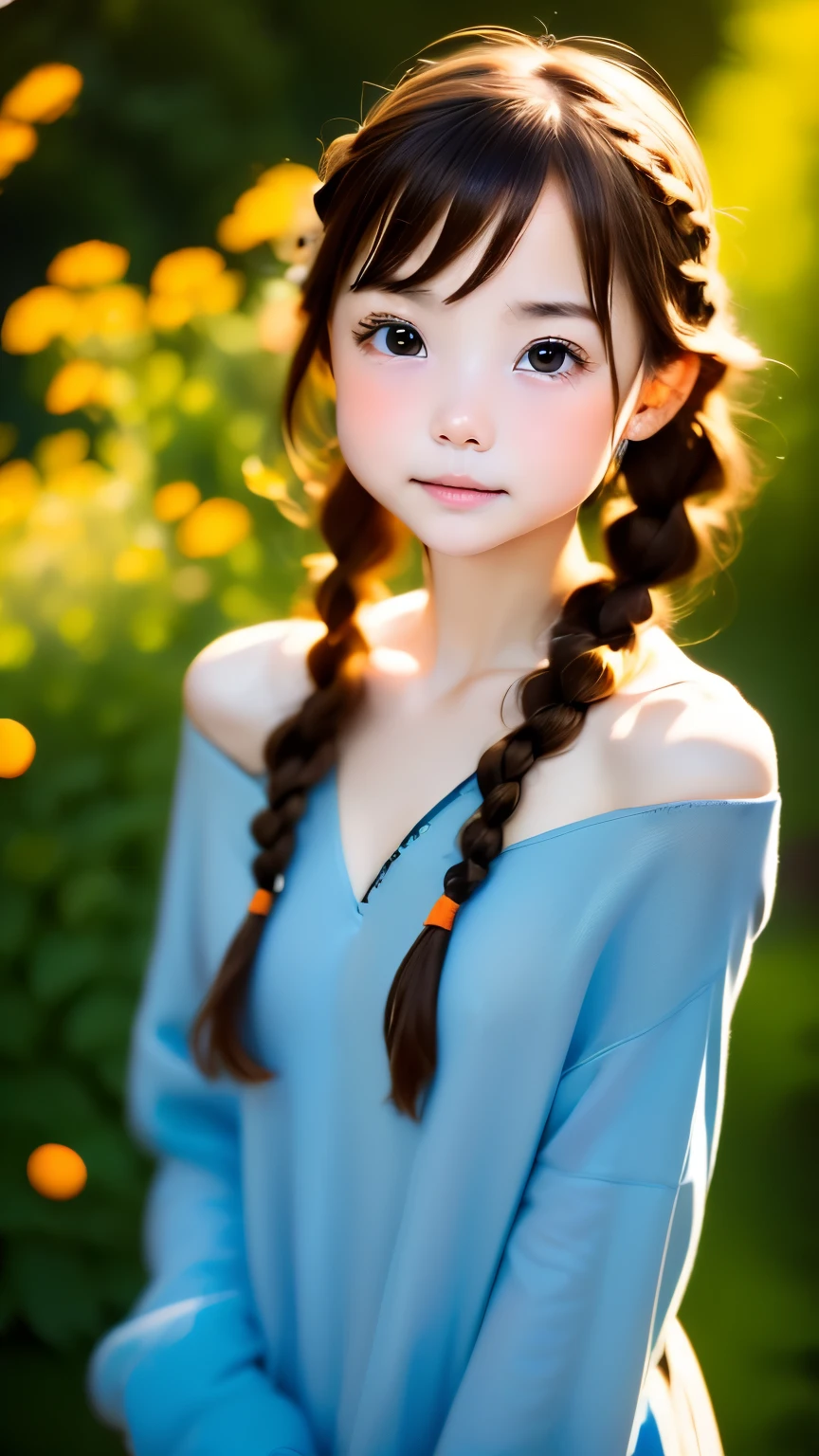 one girl、((smile:0.1))、pretty girl、dark beige hair、、young、delicate girl、Braid、Upper body、small breasts、unreasonable precision、Super detailed、blue shirt、Layering、light orange hoodie、completely flat、Honesty、thin arms, professional lighting, film grain, chromatic aberration, (Eye and face details:1.0), (Bokeh:1.1)、software:1.5)))、 highest quality, 8k, 14 years,