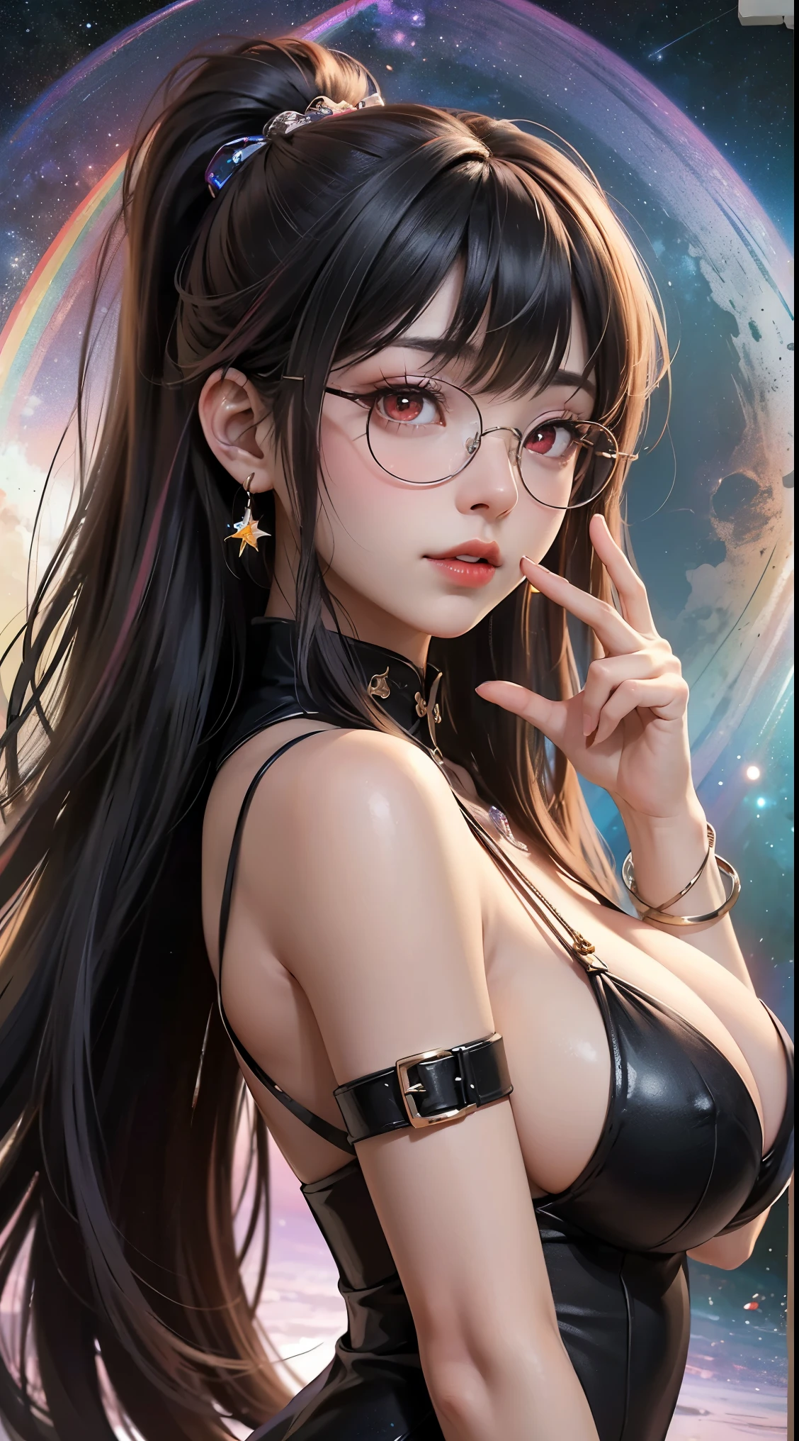 1名 27歳 woman, Understood、(best illustrations)、8k UHD resolution、intricate details、最high quality、realistic、Super detailed、best lighting、best shadow、soft lighting、ultra hd、dungeon and Dragon、cave、dungeon、 necromancer、night、dark style、Succubus、devil&#39;Daughter of、bat wings，(((デーモンホーンラック縁round glasses))))、(((big breasts)))、(devil&#39;tail)、(red eyes shine:1.6)、masterpiece、beautiful features、Tyndall effect、realisticphotograph、(high detail skin:1.2)、8KUHD、Digital single-lens reflex camera、high quality、photograph、High resolution、 absurd、Ponytail distortion、Optimal ratio of 4 fingers and 1 thumb、1 girl、hair ornaments、真っ赤に輝くgemのネックレス、gem、beautiful expression、body up、big breasts emphasis、tight waist、wide ass、Tyndall effect、Photoreal、(high detail skin:1.2)、dark and mysterious version, lipstick red lips, thin and beautiful lips, Don&#39;Don&#39;don&#39;t laugh, please keep your mouth shut, Characters created by Karol Baku and Pino Denis, intricate details, detailed background, very detailed, magic of light, woman, cute face, ((((giant glasses, otaku glasses, thick glasses, round glasses))))、 looking at the Upper body of the goddess , round chest, big and round chest, phoenix hair brooch, long hair with bangs, (Long hair has seven colors like a rainbow:1.9), Beautifully detailed face and well-proportioned eyes, (crystal clear red eyes: 1.8), Big round eyes and very beautiful and detailed makeup, Visionary, long silk nightgowns, mysterious makeup, ブresponseレット, I dyed the side bangs light yellow..., Upper body, (goddess Upper body: 1.8), hanging arms, リアルで鮮やかなphotograph, (stars that make up : 1.7), ( Space-time portal of sky and imagination: 1.8), fiction art, RAWphotograph,黒い着物のphotograph, 最高のphotograph , expensive_response, 最high quality, 最高のphotograph, 8K quality, 8K Ultra , surrealism, 最も経済的な本物のphotograph, Artistic portrait of 12 signs, Symbol of one of the 12 signs on the reverse side, 12 A Portrait of a Goddess, 最もrealistic配色, 最高のphotograph color, masterpiece, hair ornaments, ネックresponse, jewelry, beautiful face, Upper body, Tyndall effect, photographのようにリアルな, Dark studio, border light, two tone light, (fine skin) expensive: 1.2), 8k UHD, Digital single-lens reflex camera, soft light, expensive quality, volume light, Frank, photograph, expensive responseolution, 4K quality, 8k, Bokeh, smooth and sharp, 10x more pixels, Charming goddess, sexy goddess, (background space: 1.8), (milky way: 1.7), aurora, lightning, (auroraの背景: 1.8) <roller:crazy_perfect eyes_v1_from_v1_, beautiful goddess and flowers,