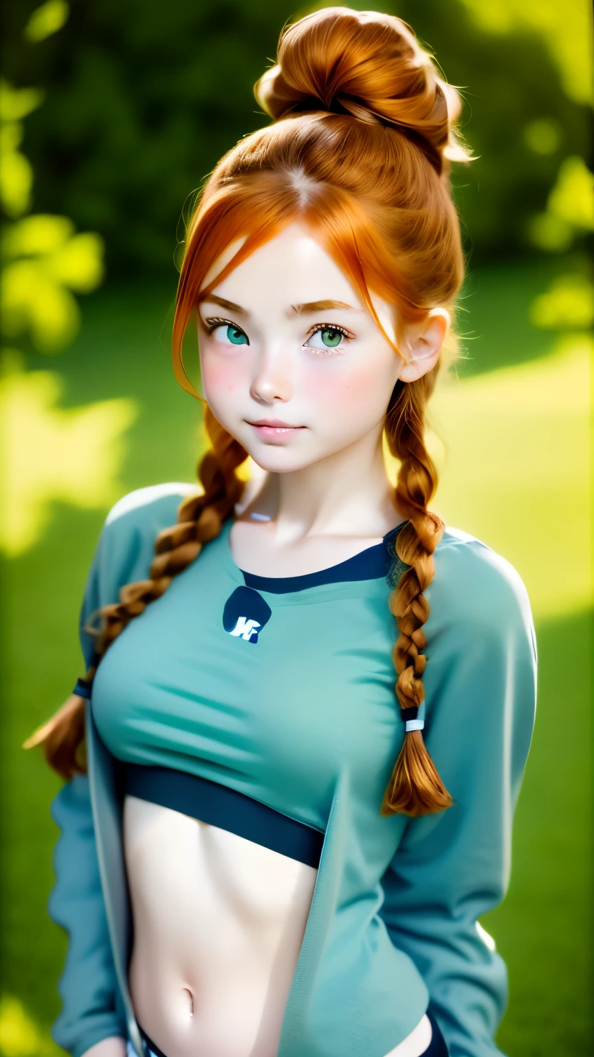 super realistic images, ginger teenager girl, cute face, An ennui look、french braid、ash gray hair、green eyes, a little freckled, doing yoga, three line sweatshirt、I can see your belly button、often play sports、Jacket, highest quality、ultra high resolution、masterpiece:1.5、portrait