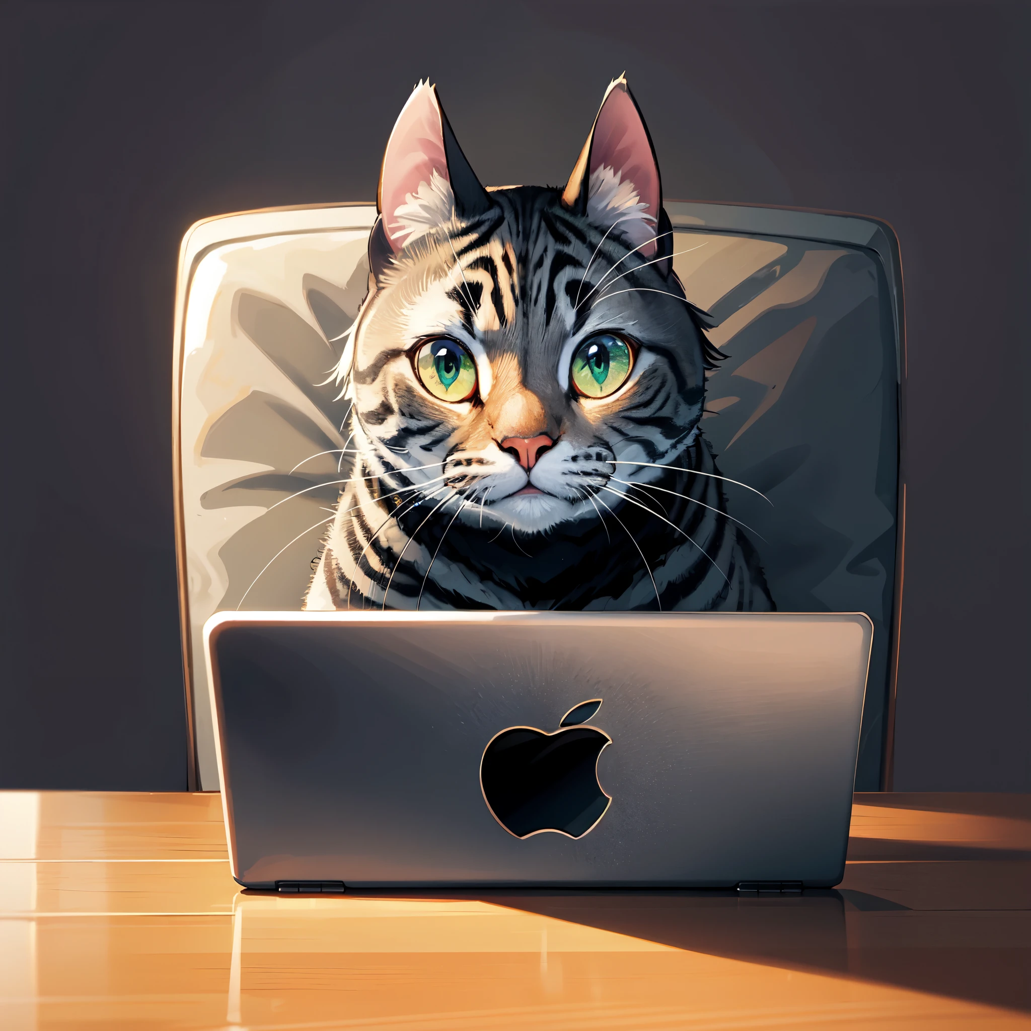 masterpiece, best quality, cartoon, ultra detailed, (symmetry:1.1), animal, gray cat sitting at the laptop, green eyes, cat ears, whiskers, white chair, wooden table, apple logo on laptop