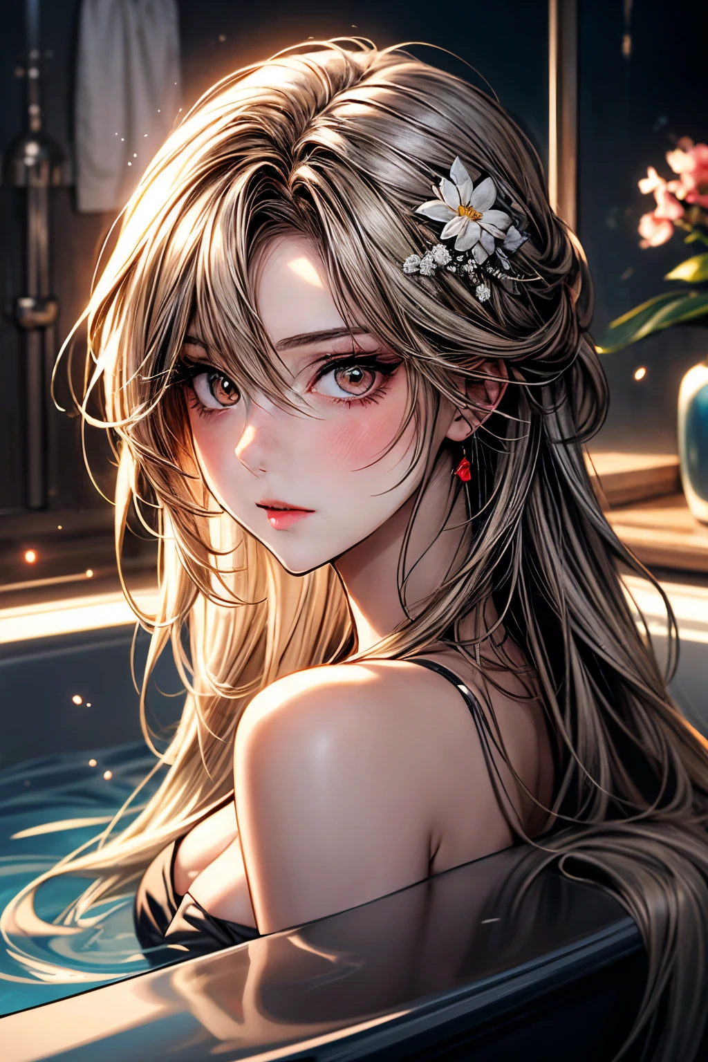 anime girl in a bathtub with flowers in her hair, guweiz on pixiv artstation, guweiz on artstation pixiv, splash art anime , blonde - haired princess, beautiful anime portrait, beautiful anime girl, artwork in the style of guweiz, guweiz, artgerm on artstation pixiv, beautiful anime woman