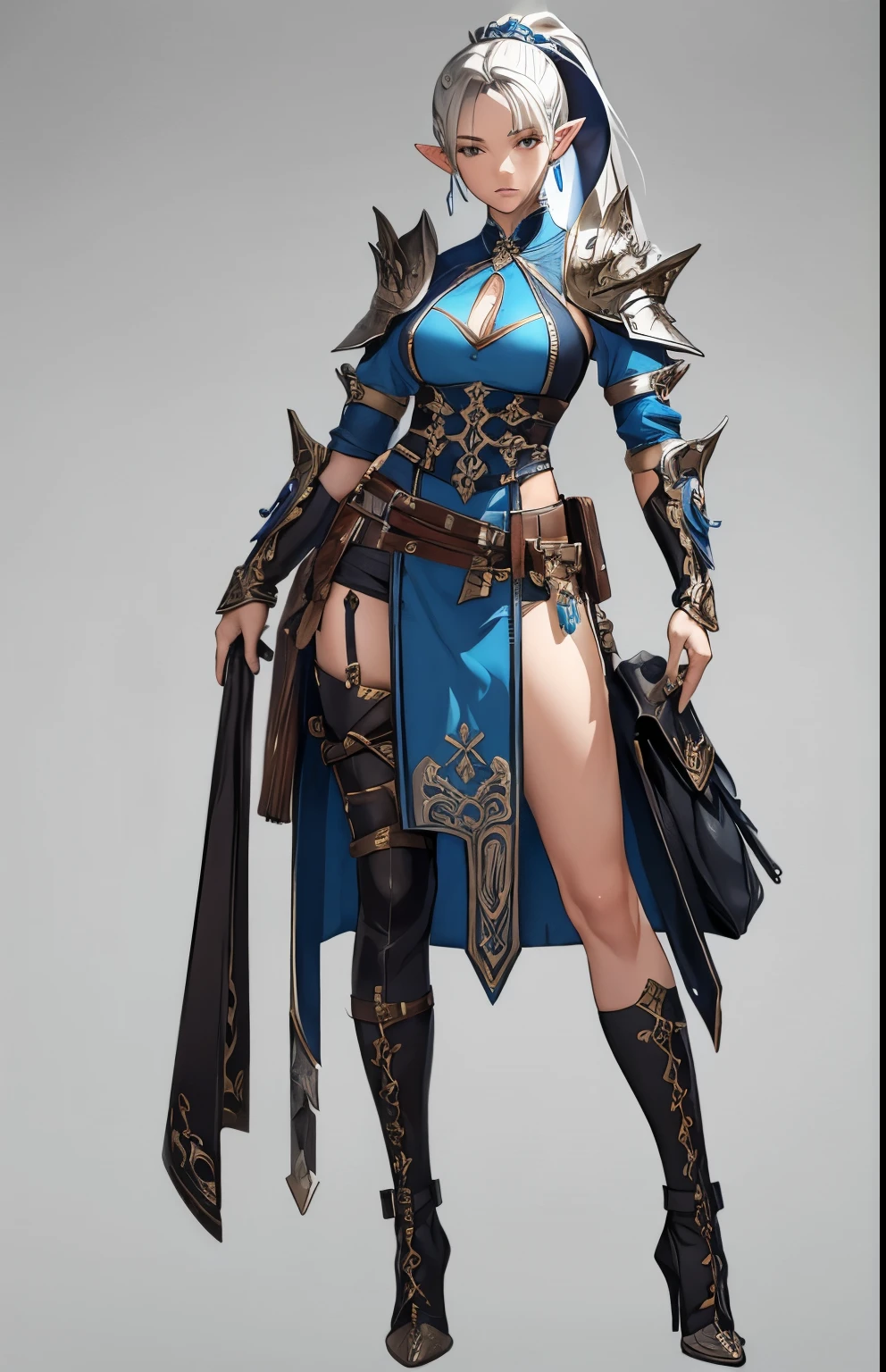 ((masterpiece, best quality)),concept art, woman,, Detailed face，pointed ears, full body details, full of details, Very detailed, depth, many parts, White single ponytail，Ranger。beautiful woman, muscular body, leather armor，Sackcloth clothes, leather bags，belt。（Blade and Soul style）High heel,jewelry, braid, earrings,White background，standing posture。