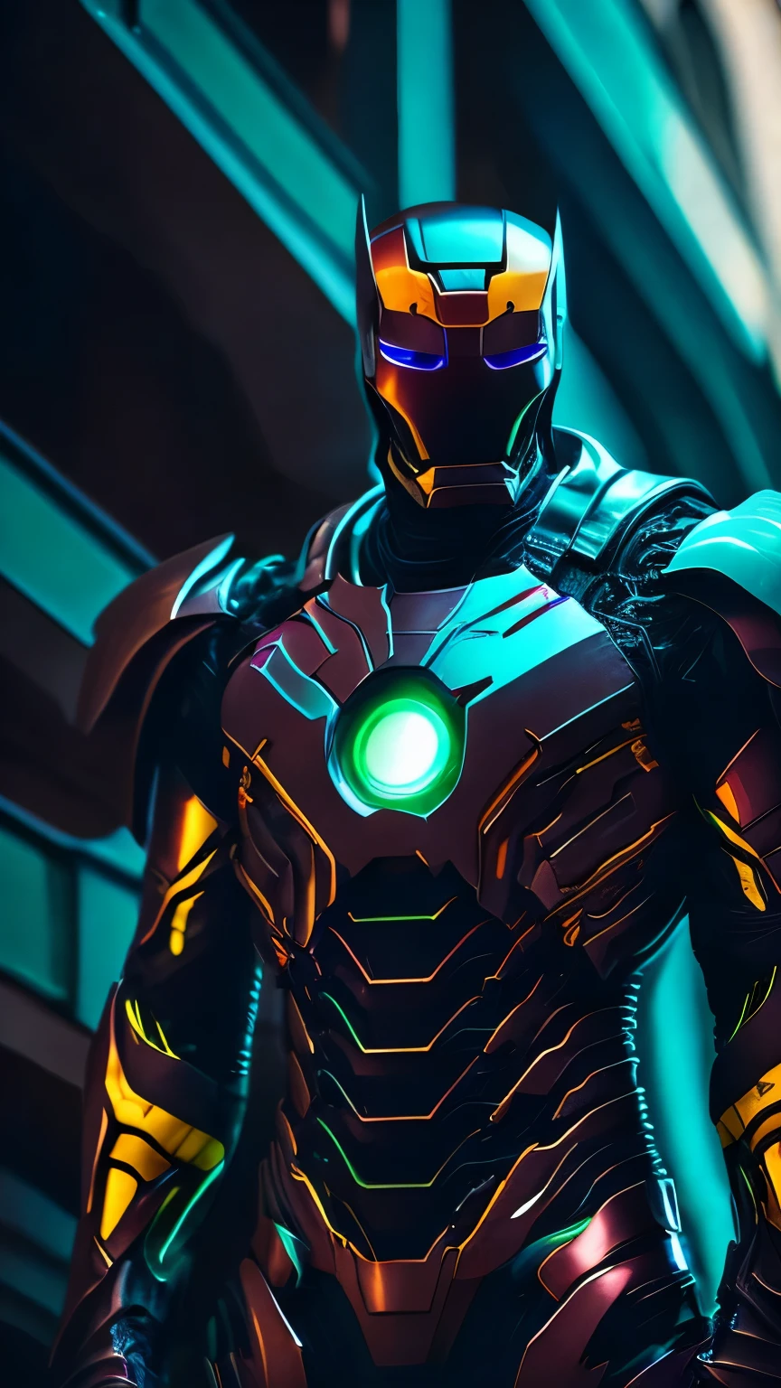 a dark portrait of Carnage Iron Man from Marvel, with complicated angular cybernetic implants in a brutalist building, eine gotische brutalistische Kathedrale, cyberpunk, award-winning photos, bokeh, Neonlichter, kybernetisches Glied, The suit is full of colors: green, yellow, blue, white. All other colors are not desired