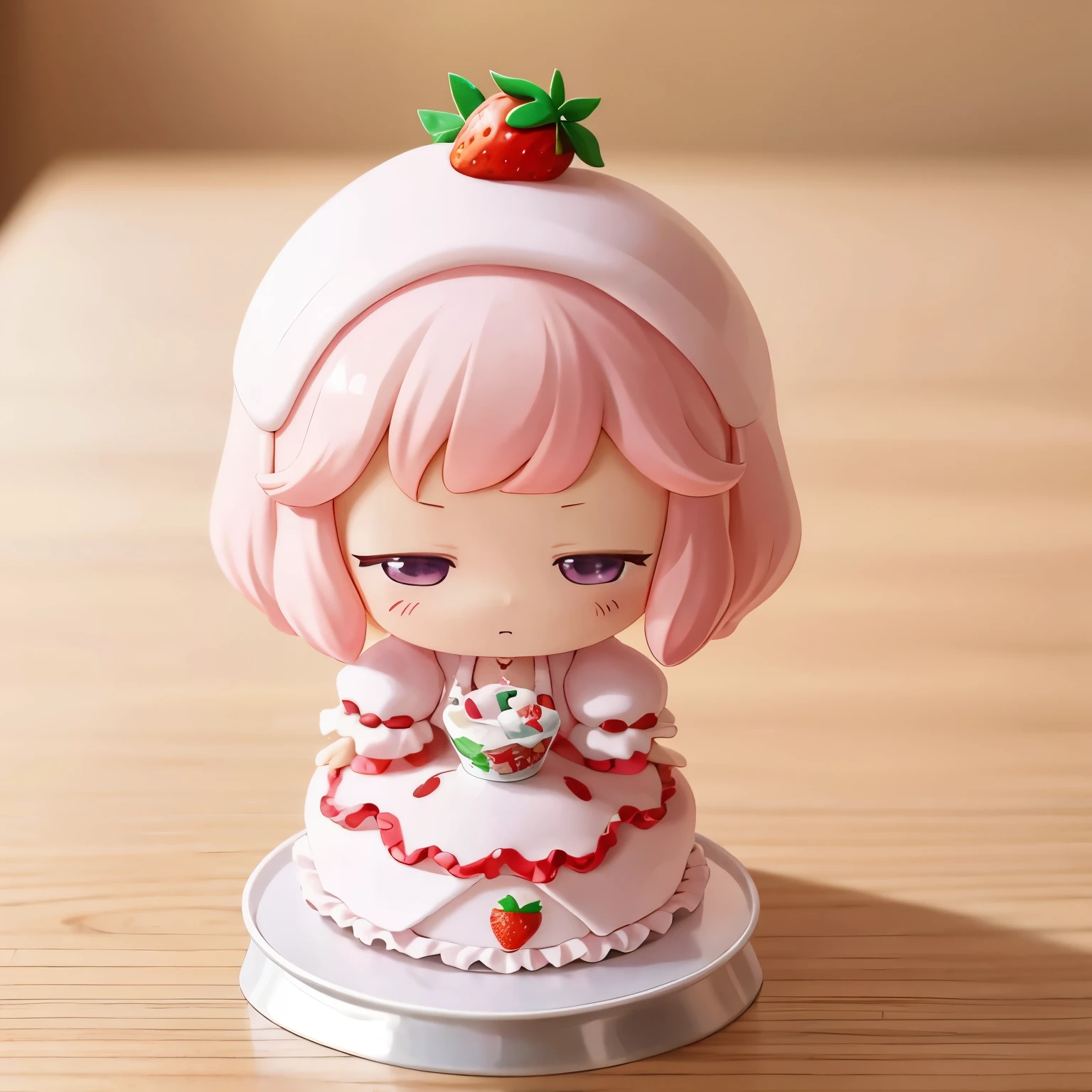 Photoreal、anime character(chibi girl、The lines are thick、Deformed)There is a whole cake with a picture of、strawberry、Whipped cream