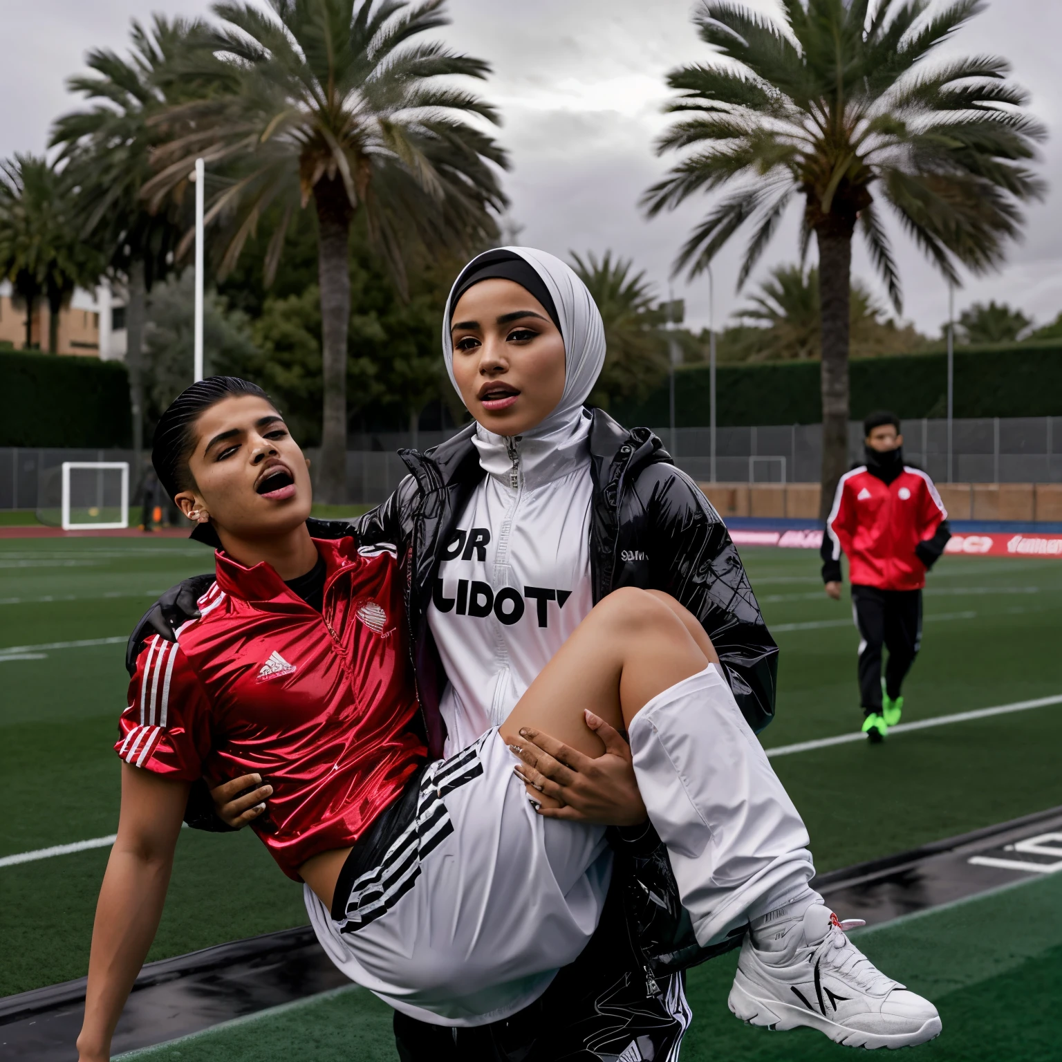 a desparated arab muslim hijabi-girl is standing in a laquered and very shiny quilted coat and carries a man in matte sportswear in her arms, a shouting arab muslim-woman carries a man in dull sportswear, a woman carries in her arms a male soccer player in cotton sportswear, rainy weather, rainfall, humid, girl carries guy, lift and carry, an excessively madeup arab veiled girl in a high-shine wet black latex downcoat, a soccer scene, a soccer injury, first aid carry at a soccer match, a young madeup latino-girl in a shiny black vinyl downjacket, a madeup arab girl in a shiny plastic-downcoat, a very sad and desperately crying latino-girl, an intensely madeup latino-girl in a glossy black vinyl-downcoat, latino-girl with lipstick, muslima-girl with smoky eyes, dramatic action pose, woman that is carrying a skinny shorthaired man, there is a beautiful woman in a shiny coat who is carrying a shorthaired blond man in her arms, a longhaired beautiful woman in a high-shine black puffy coat, a longhaired woman in a shiny downcoat, a woman is carrying a shorthaired man who is wearing black shorts, a weak shorthaired man in black shorts is consciousless and needs to be carried, a shorthaired man with closed eyes is carried in the arms of a longhaired latino-woman, a latino-woman looks very scared and terrified, a consciousless shorthaired man with closed eyes is suffering very much and has a very painful face, photo, photo shoot, photographed, arafed man being carried by a woman, very realistic, very very realistic, hyper-realistic, hyper - realistic, hyper realistic, jacket over bare torso, very disturbing, very hyperrealistic, super realistic, hyperrealistic!, extremely realistic, very very very realistic, super-realistic realistic, super-realistictic!, extremely realistic, very very very realistic, super-realistic realistic, super-realistic, veiled arab woman's face, a completely matte and very dull cotton fabric soccer jersey on a male shaped torso