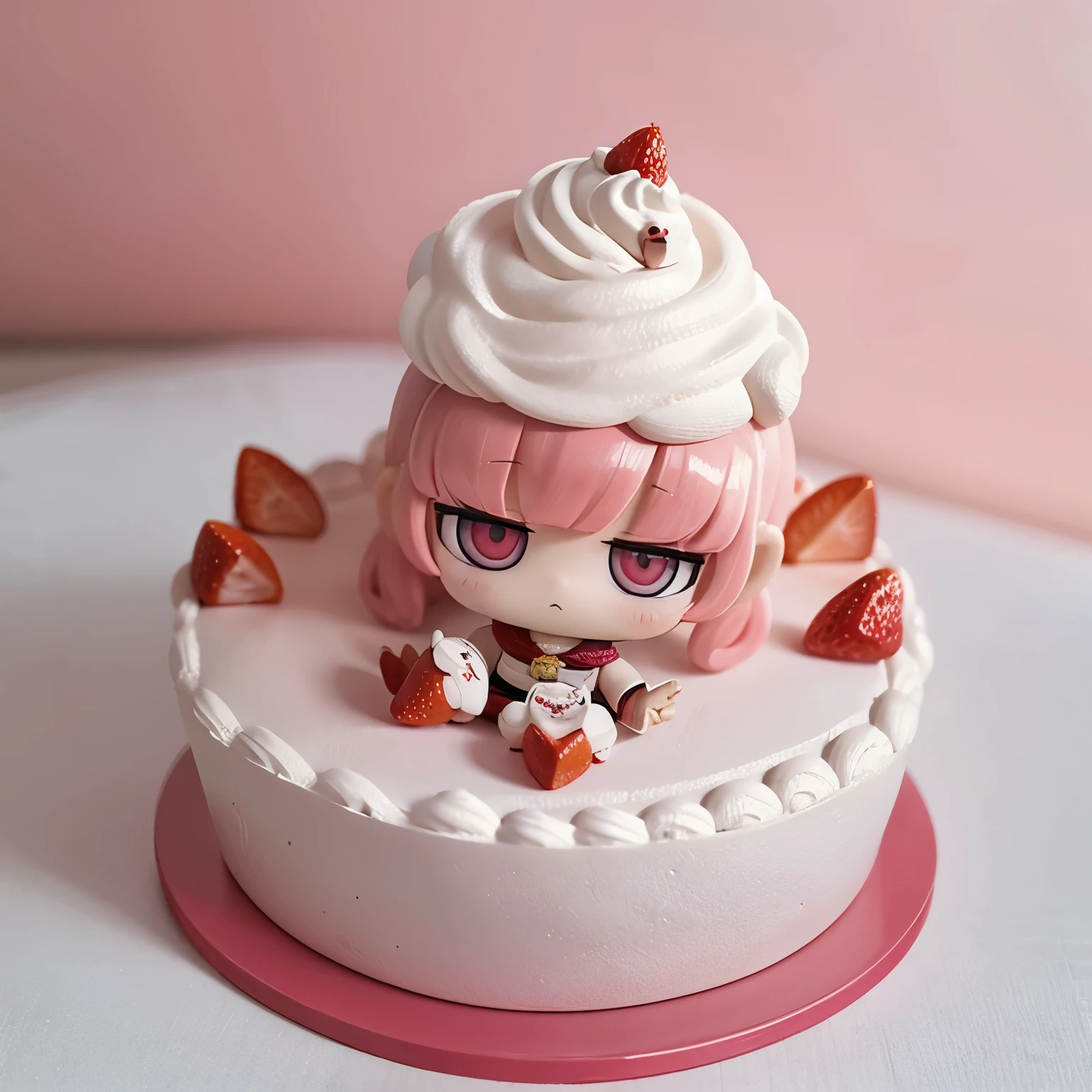 Photoreal、anime character(chibi girl、The lines are thick、Deformed)There is a whole cake with a picture of、strawberry、Whipped cream