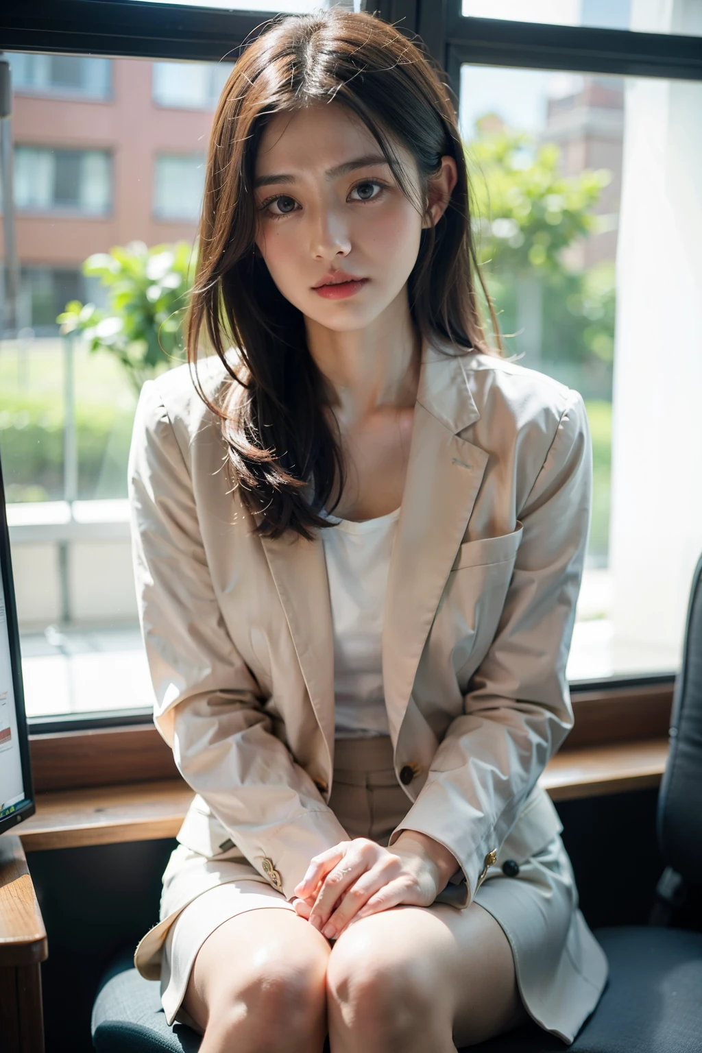 (Best quality, 8k, 32k, Masterpiece, UHD:1.2),Photo of Pretty japanese woman, 1girl, (medium-short dark brown hair), double eyelid, thin beige suit jacket, white tank top, brown skirt, necklace with small charm, sitting on office chair aiuehara