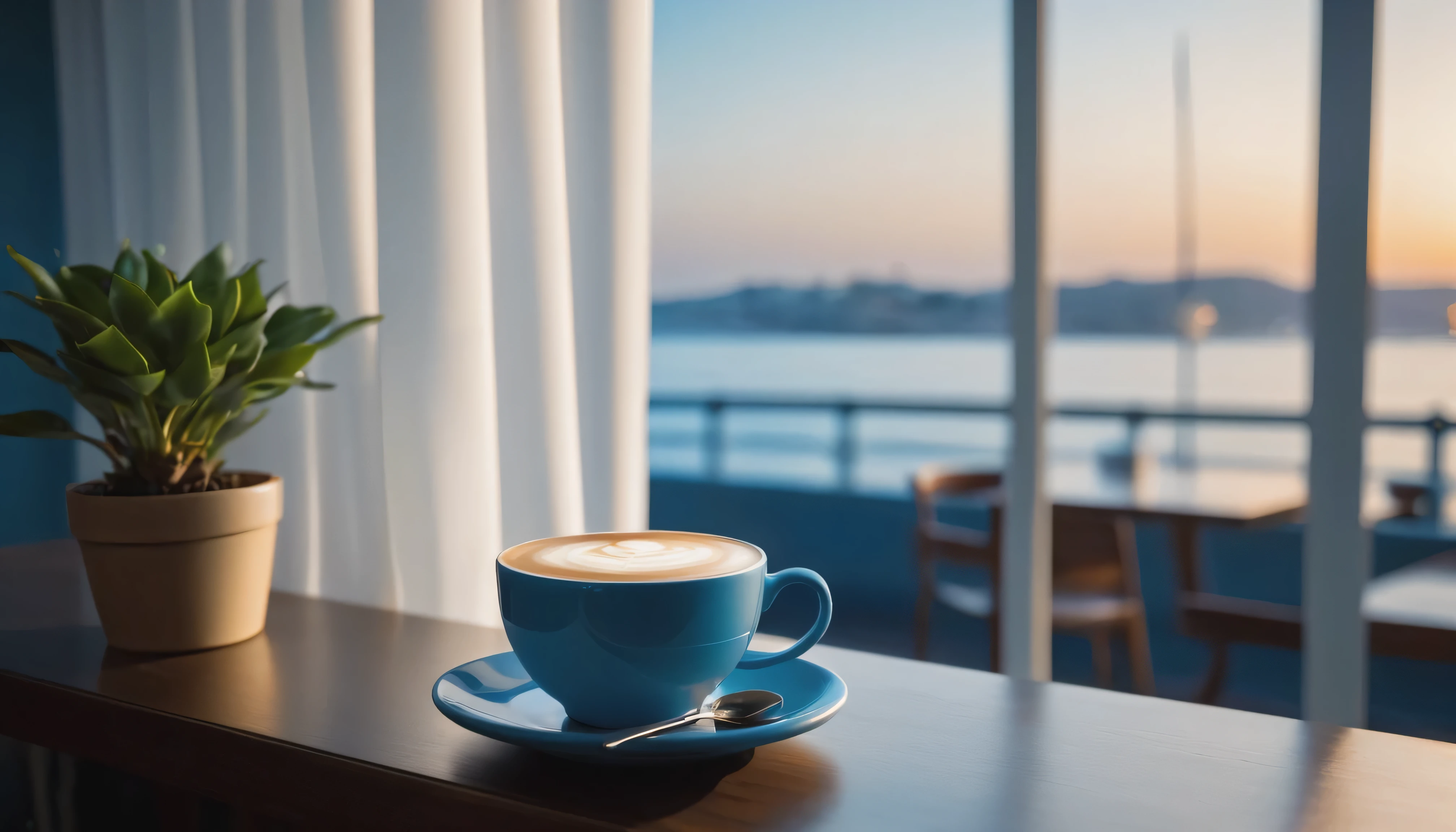 a cup oF latte.darkroom, night, table,table上有一盆小盆栽. a cup oF coFFee, soFt shadow, Stylish and modern, luminous screen, cold blue light, flowing transparent white curtains.Window looking out onto the Fishing port and sea view, Very detailed,tonal texture.Obvious contrast oF light and shadow.High-end and quality.halF-length view , 50mm , F/1.8 , Shutter speed 1/60 , ISO 50 ,Color temperature 4000k, masterpiece.First-person view
