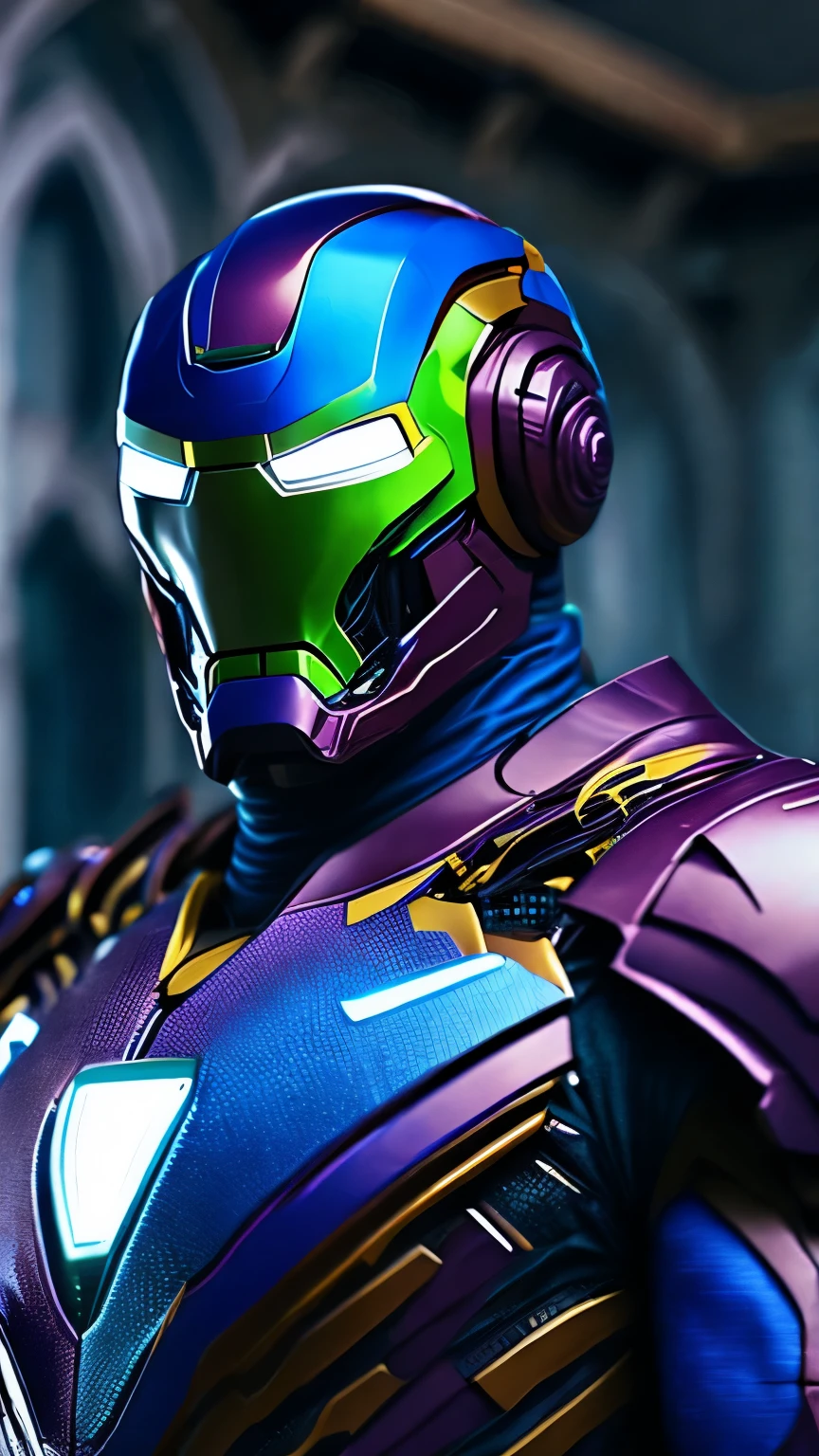 a dark portrait of Carnage Iron Man from Marvel, with complicated angular cybernetic implants in a brutalist building, eine gotische brutalistische Kathedrale, cyberpunk, award-winning photos, bokeh, Neonlichter, kybernetisches Glied, the suit is only colored in the colors green yellow blue white. Alle anderen Farben sind verboten