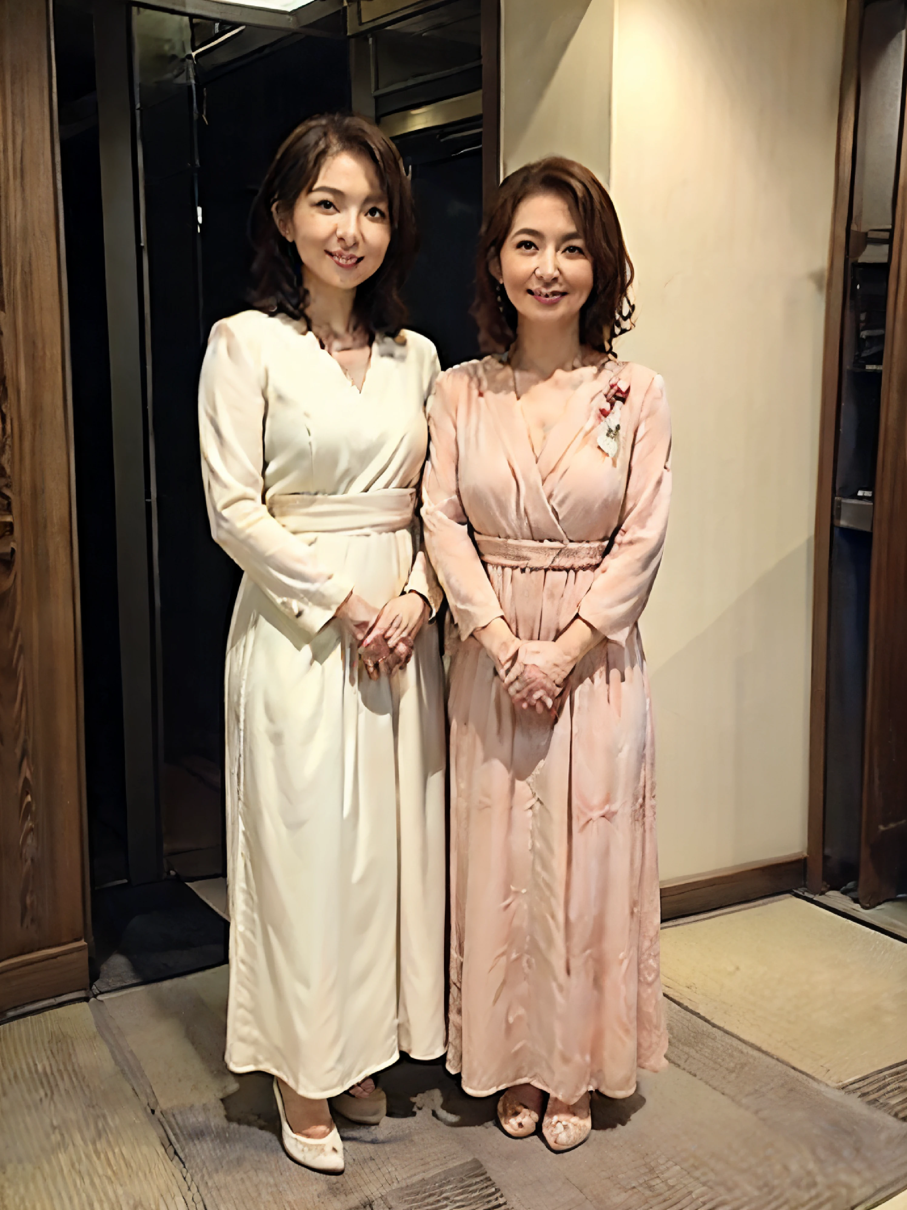 2 girls, ((highest quality)), ((8k)), ((masterpiece:1.3)), ((become familiar with)), ((movie quality)), ((Two Japanese women standing side by side)), ((focus on two women)), (Motherとdaughter), ((Mother, 55 years old)), ((daughter, 32 years old)), (Married people), perfect face, (short bob), (Sexy evening dresses), (standing posture),
