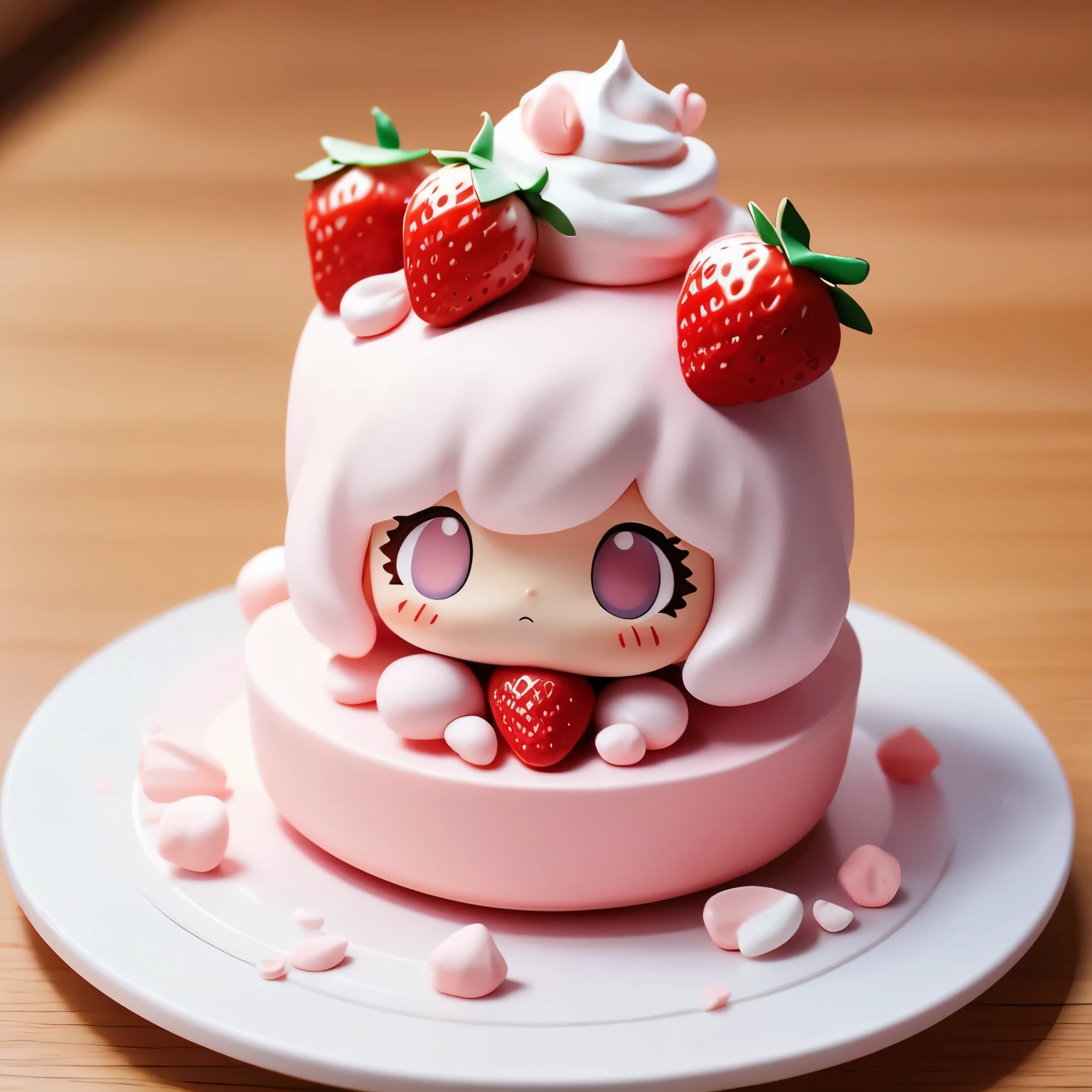 Photoreal、anime character(chibi girl、The lines are thick、Deformed)There is a whole cake with a picture of、strawberry、Whipped cream