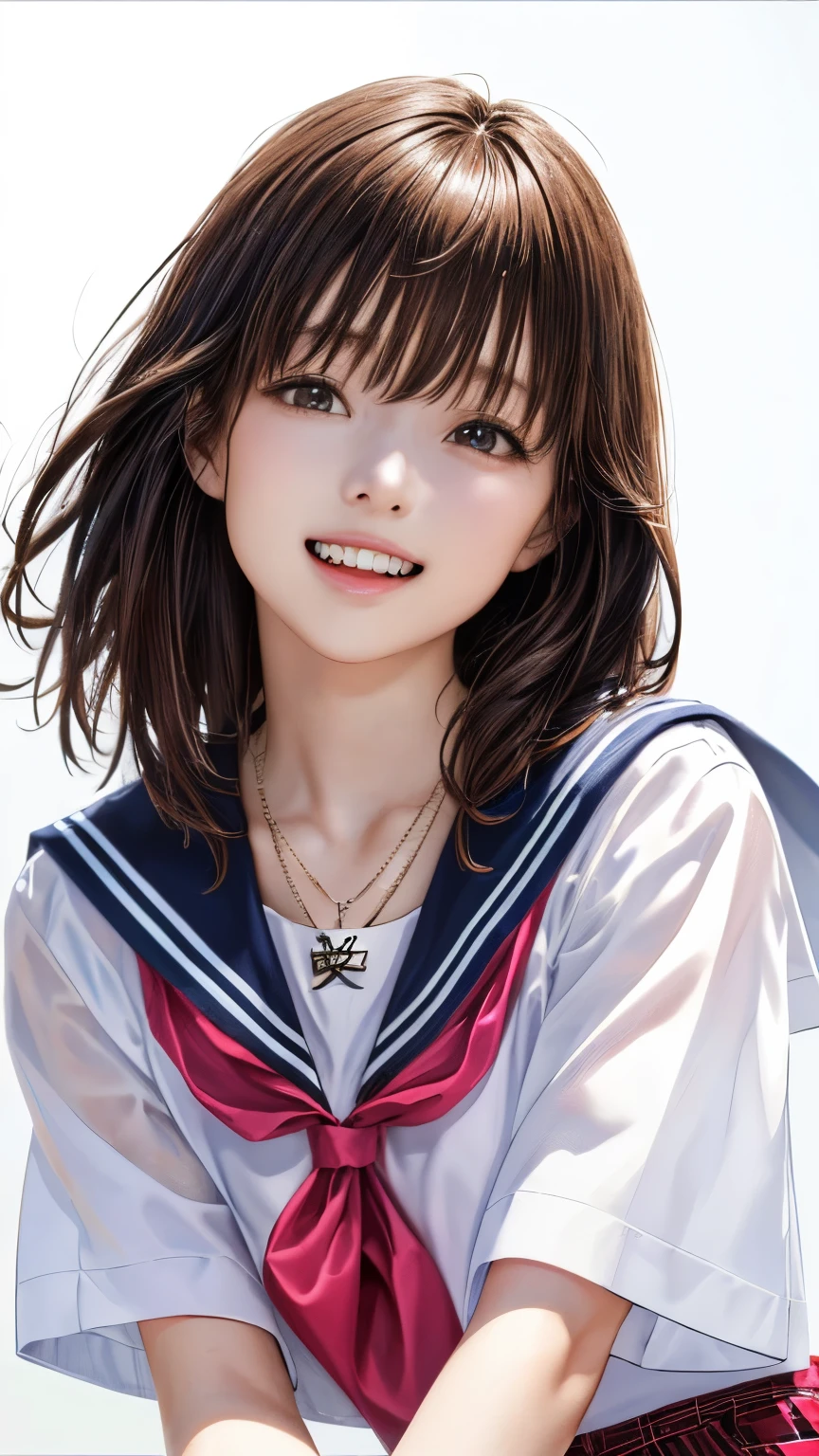 (highest quality、8k、32K、masterpiece)、(realistic)、(Photoreal:1.2)、(High resolution)、Super detailed、very beautiful face and eyes、1 girl、round and small face、thin waist、delicate body、(close、highest quality、high detail、rich skin details)、(highest quality、8k、oil paint:1.2)、Super detailed、(realistic、realistic:1.37)、bright colors、(((brown hair)))、(((full body shot)))、(((medium hair)))、(((pure white wall background)))、(((pure white wall background)))、(((wear a sailor suit)))、(((Wearing a short-sleeved sailor suit)))、(((look straight ahead)))、(((Iは薄茶色の髪)))、(((wearing a star-shaped necklace)))、(((she is wearing a pink sailor suit)))、(((flaxen hair)))、(((Open your right hand in front of your mouth)))、(((laughing out loud)))、(((plaid pleated skirt)))、(((mini skirt)))、(((I&#39;Iは黒いニーソックスを履いています)))、(((teeth visible)))、(((I&#39;m having fun skipping)))、(((I&#39;m barefoot)))