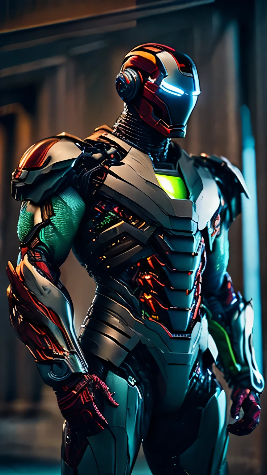 a dark portrait of Carnage Iron Man from Marvel, with complicated angular cybernetic implants in a brutalist building, eine gotische brutalistische Kathedrale, cyberpunk, award-winning photos, bokeh, Neonlichter, kybernetisches Glied, the suit is only colored in the colors green yellow blue white. Alle anderen Farben sind verboten