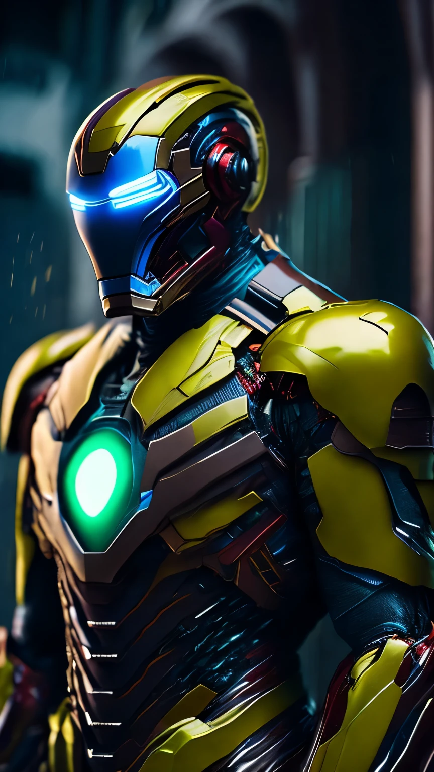 a dark portrait of Carnage Iron Man from Marvel, with complicated angular cybernetic implants in a brutalist building, eine gotische brutalistische Kathedrale, cyberpunk, award-winning photos, bokeh, Neonlichter, kybernetisches Glied, the suit is only colored in the colors green yellow blue white. Alle anderen Farben sind verboten