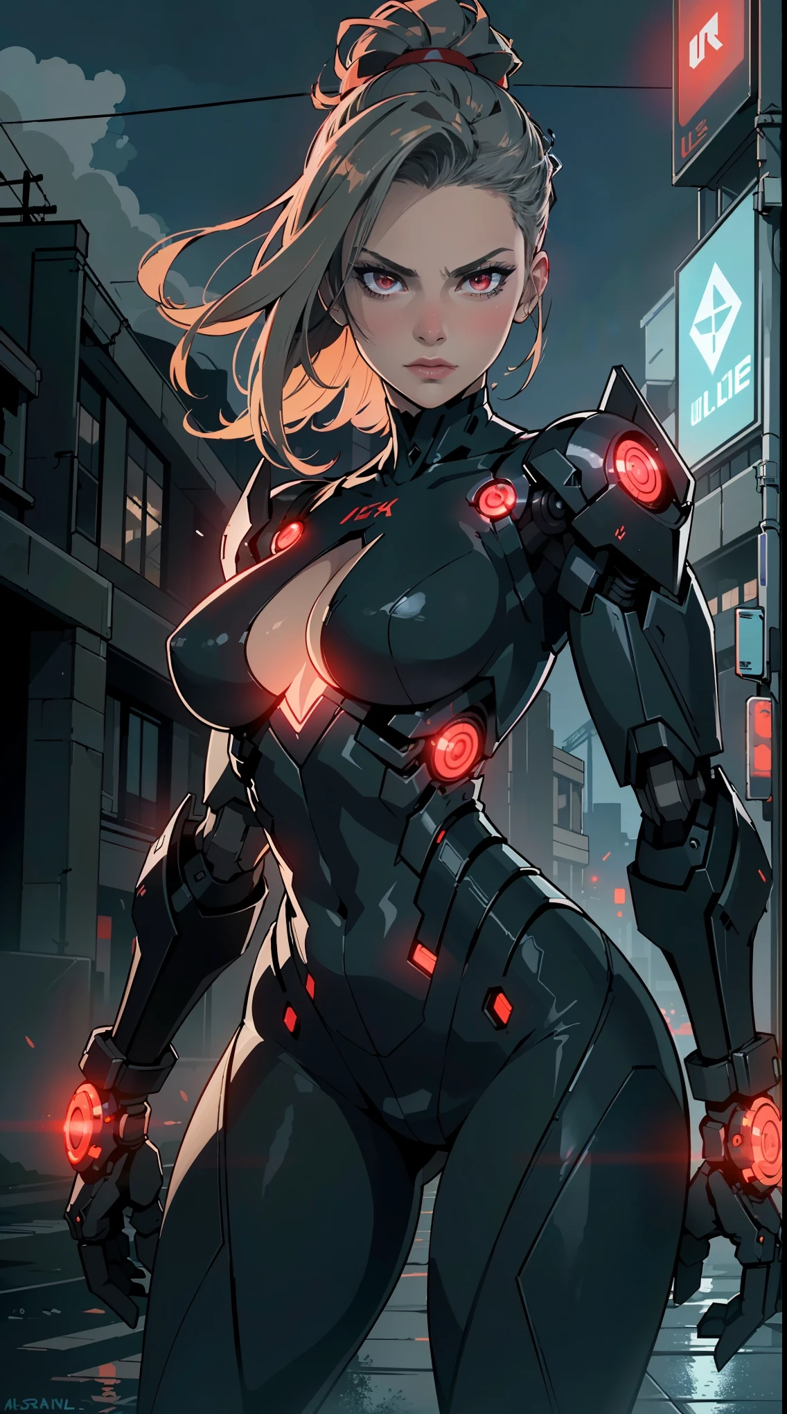 (best quality,ultra-detailed,realistic:1.37),woman cyborg,red eyes,evil,anime,huge ,sleek metallic body,expressionless face,glowing circuits,enormous energy blade,mechanical limbs,dystopian city backdrop,neon lights reflection,dark and ominous atmosphere