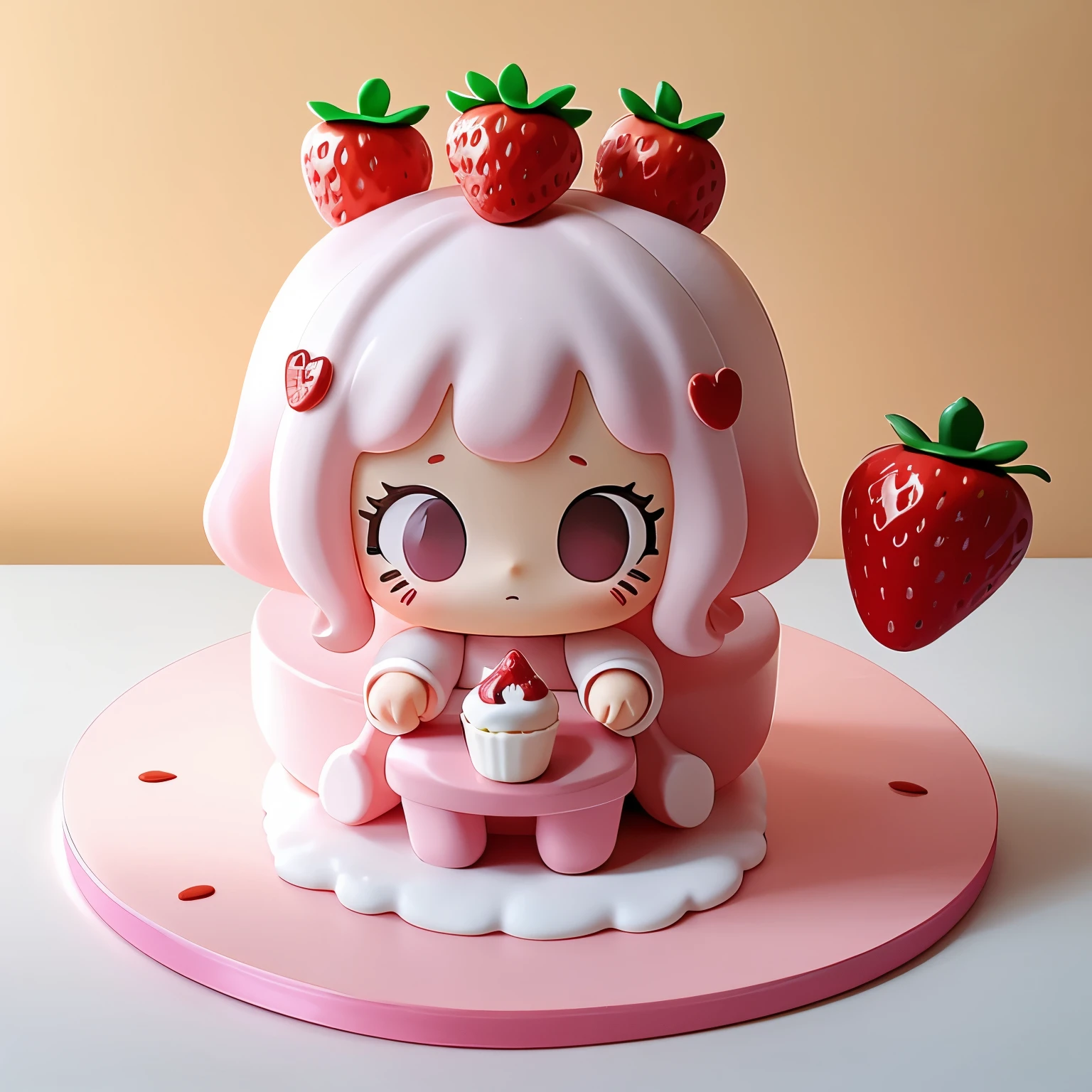 Photoreal、anime character(chibi girl、The lines are thick、Deformed)There is a whole cake with a picture of、strawberry、Whipped cream