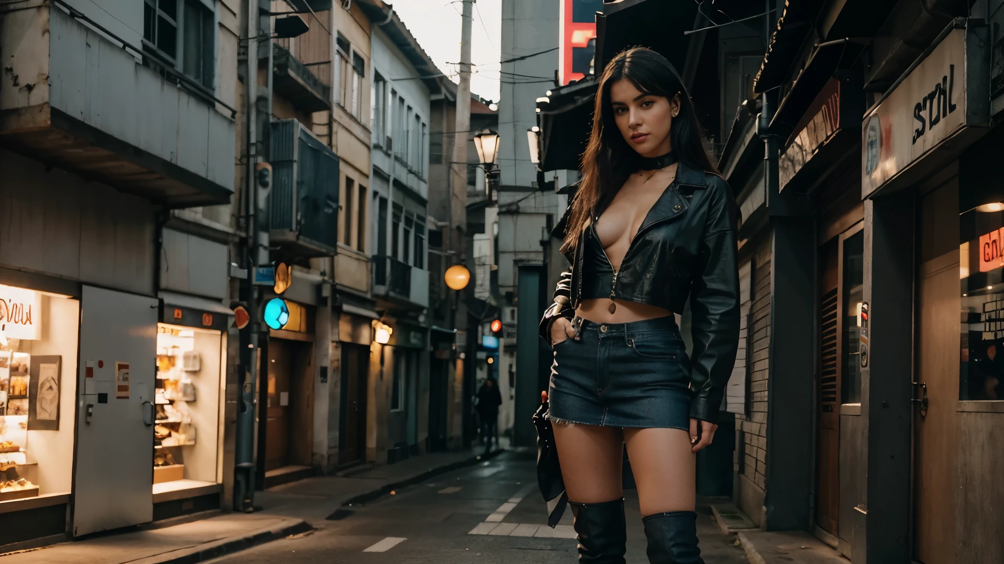 Garota loira de 19 anos, Standing, ereta, Standing on her feet, Standingn, nua, NSFW, muito bonita, athletic, cabelos loiros, olhos azuis, Red lips, faixa, usando short denim skirt, saia muito curta, pernas grossas, pernas bonitas, cintura estreita, abdome exposto, NSFW, botas de coxa de couro preto, saia denim curta, minissaia jeans, mini-saia, saia curta azul, cinto de couro preto, seios pequenos, mamilos rosados, pele de porcelana, The girl is wearing a black leather choker, the girl is wearing black leather boots, botas de coxa de couro preto, The girl is Standing on a street in a cyberpunk city, cidade cyberpunk futurista, estilo blade runner, cena noturna, luzes da cidade,