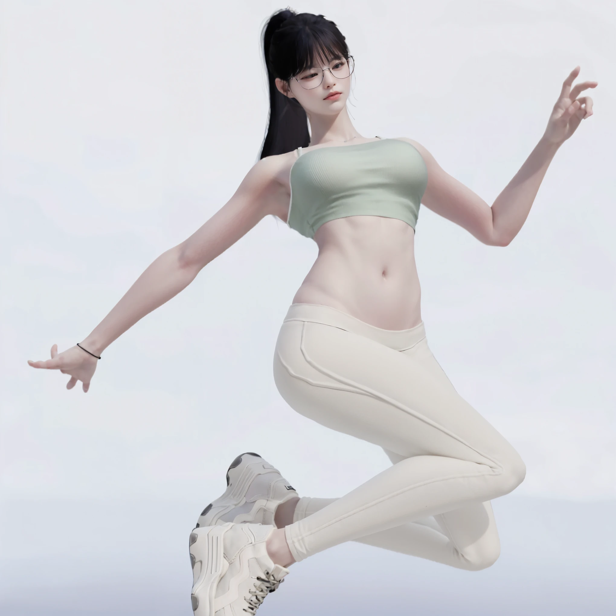 araffe femme dans un haut vert et un pantalon blanc sautant en l'air, inspired by Sim Sa-jeong, inspired by Ma Yuanyu, cottagecore!! corps de remise en forme, pose de course, le personnage est dans sa pose naturelle, Pose de saut, distorted pose, pose d'anime, sporty physique, une pose, elle danse. realistic, dynamic pose realistic