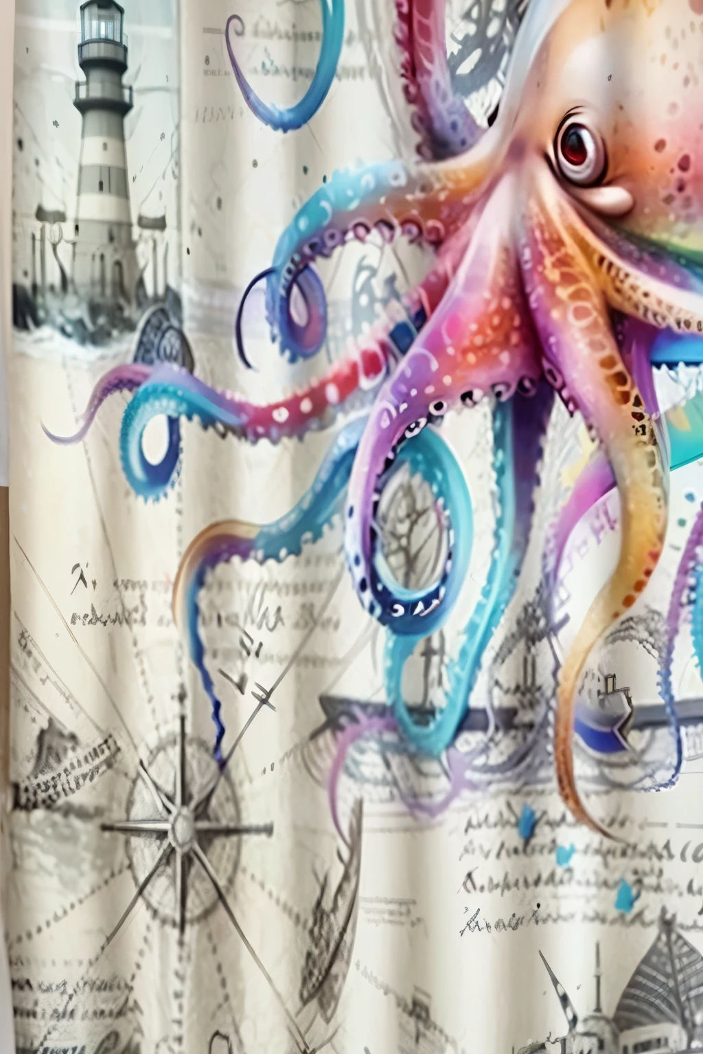 octopus shower curtain with nautical map and lighthouse, Nautical charts grafitti, octopus, super nova octopus, Cephalopods, Nautical charts, Octagon 8k, cthulhu squid, sea monster, squid motifs, octopus antenna, antenna around, leviathan cthulhu squid, squid, tentacle motifs, antenna, giant octopus, vivid antenna, an octopus'garden