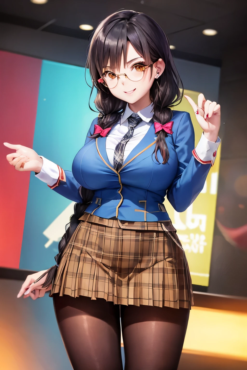 long hair、pleated skirt、thick thighasterpiece、best quality:1.2)、alone、adult woman、evil smile、look at the audience、Braid、pigtails hair、black hair、black tights、black pantyhose、black stockings、Glasses、Yellow plaid、mini skirt、黄色のmini skirt、white shirt、big breasts