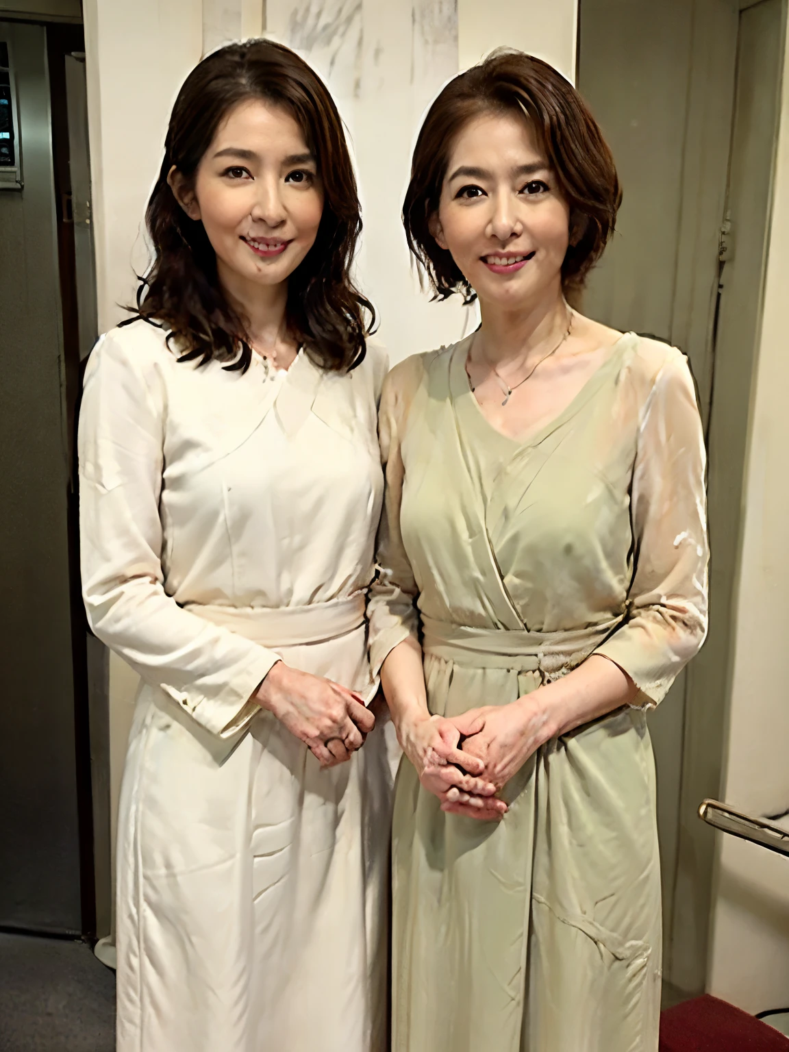 2 girls, ((highest quality)), ((8K)), ((masterpiece:1.3)), ((be familiar with)), ((cinema quality)), ((Two Japanese women standing side by side)), ((focus on two women)), (motherとdaughter), ((mother, 55 years old)), ((daughter, 32 years old)), (Married people), perfect face, (short bob), (Sexy evening dresses), (standing posture), ((focus on upper body)), 