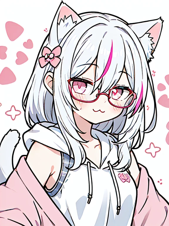 best quality, masterpiece, 1 girl, ****, upper body, hairs between eyes, female, pink eyes, medium hair, small breasts, glasses, :3, wink , cat ears, white hair, silver hair, streaked hair，hoodie，