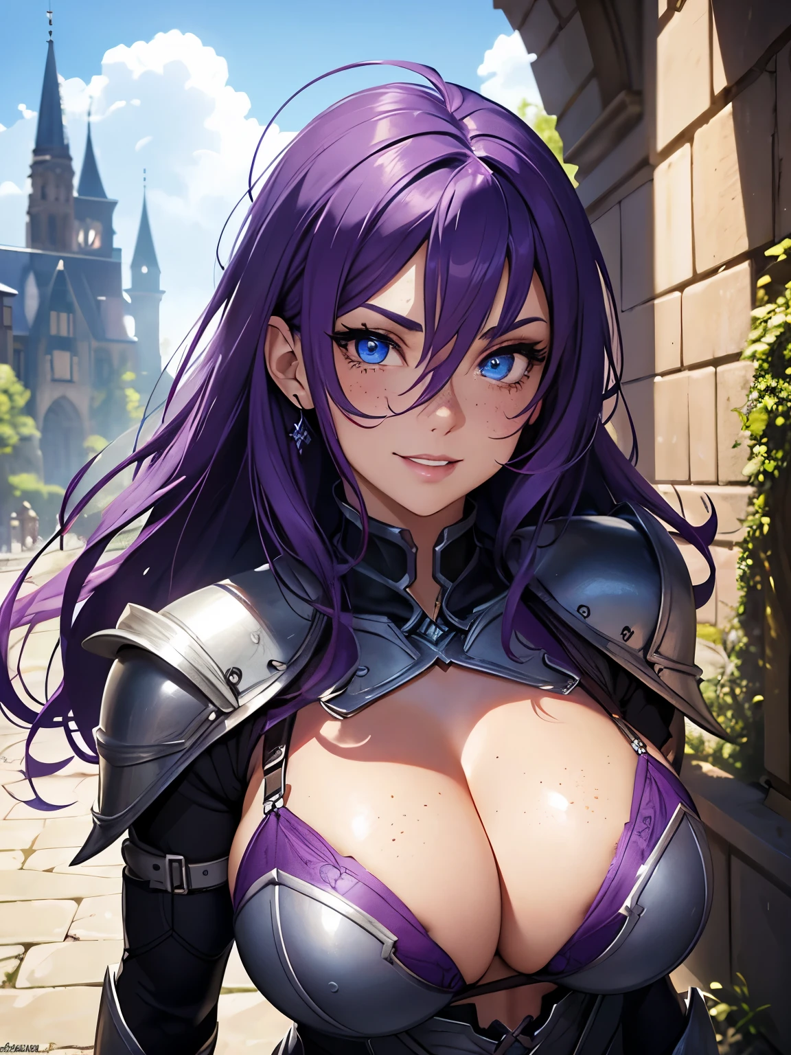 beautiful woman, purple hair, bright blue eyes, glowing eyes, lots of freckles, full lips, (gigantic breasts 1.8), extreme cleavage, deep cleavage, thin body, chain mail bikini, bra armor, metal bikini, thigh boots, holding giant sword, smiling, happy, extreme blushing, ultra detailed, castle courtyard background, noon, sunny day, masterpiece, 8k