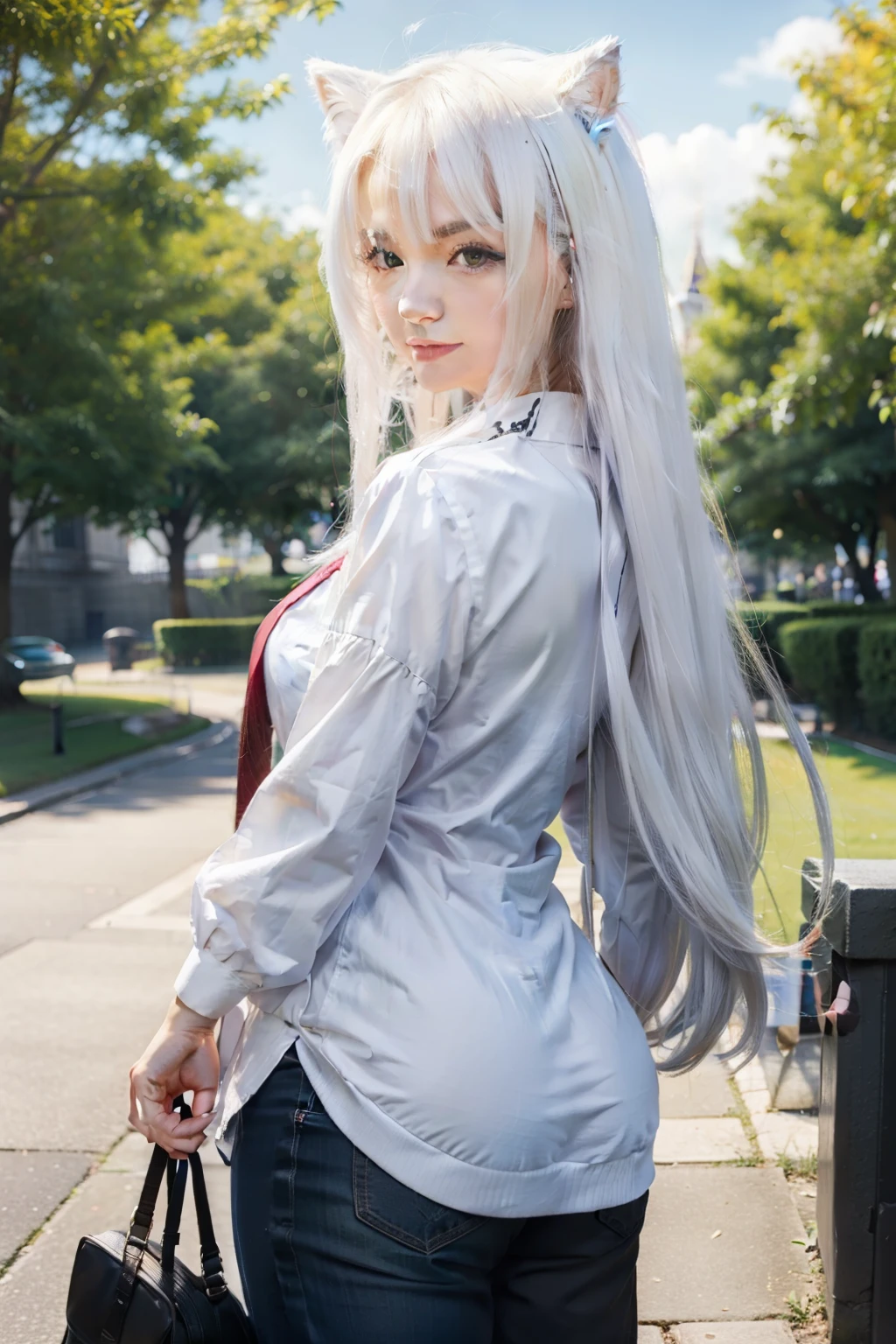 cat ear big ass，white color hair，In Park，Sultry，big  